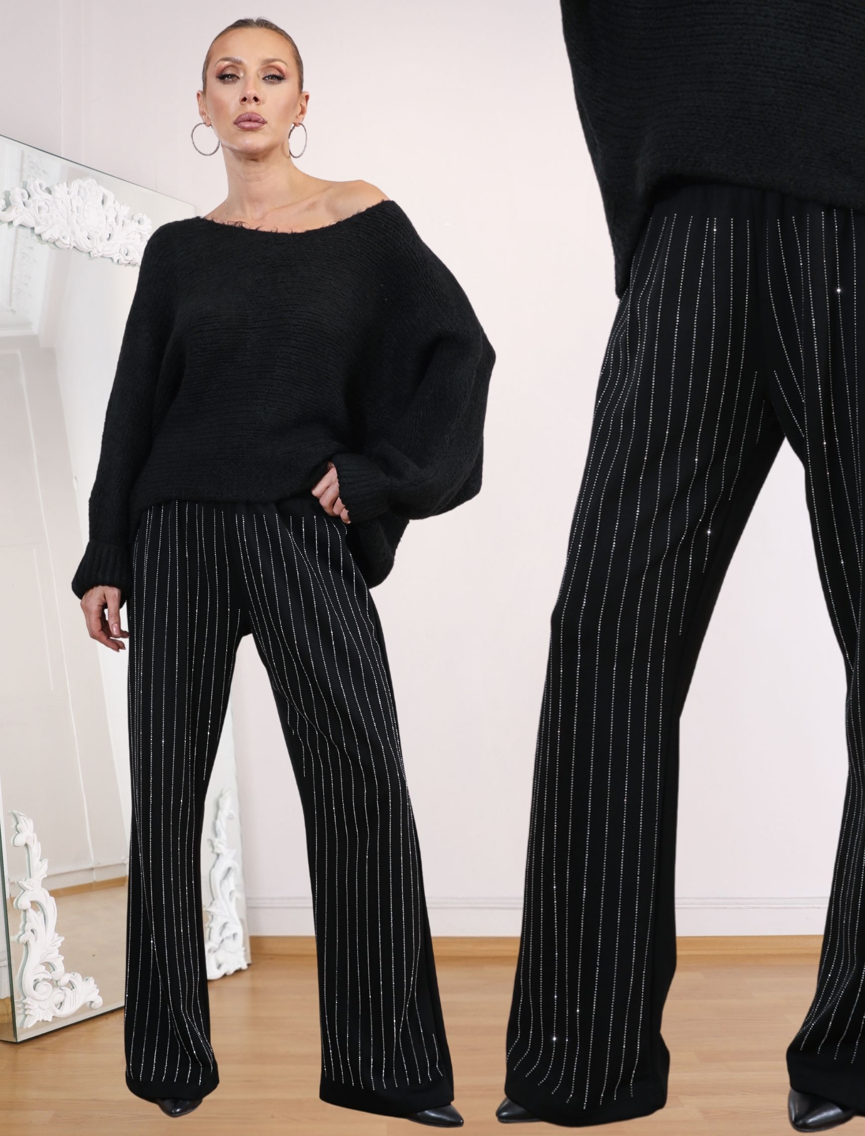 Siyah Çizgi Taşlı Clara Pantolon