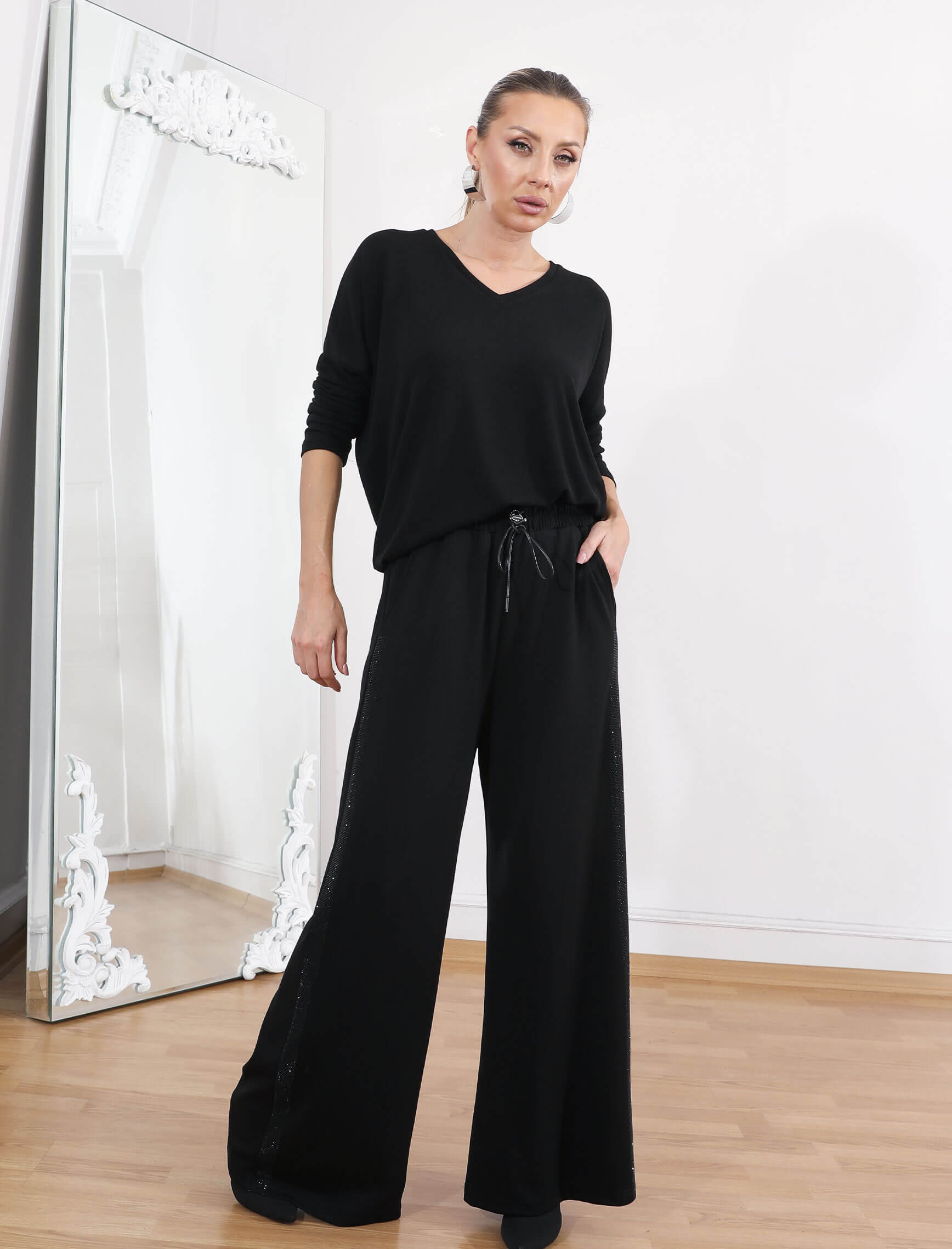 Siyah Yan Çizgi Taş Spor Pantolon - Görsel 4