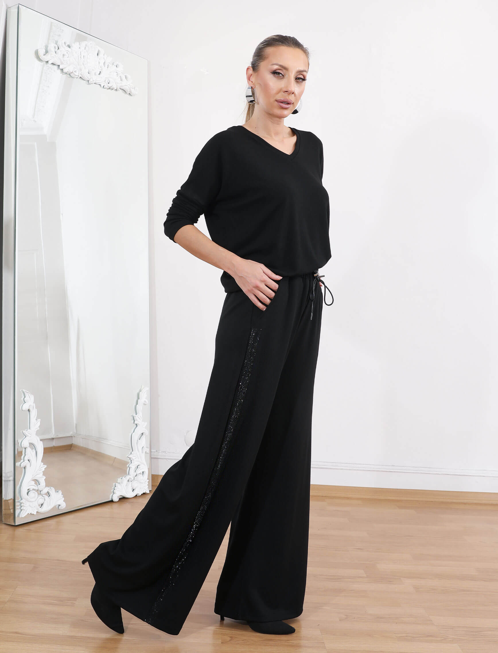 Siyah Yan Çizgi Taş Spor Pantolon - Görsel 3