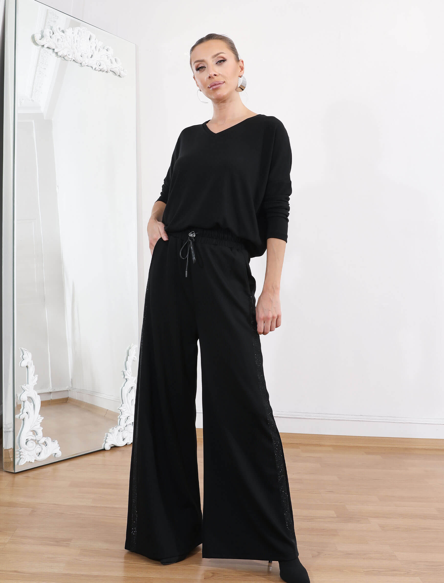 Siyah Yan Çizgi Taş Spor Pantolon - Görsel 2