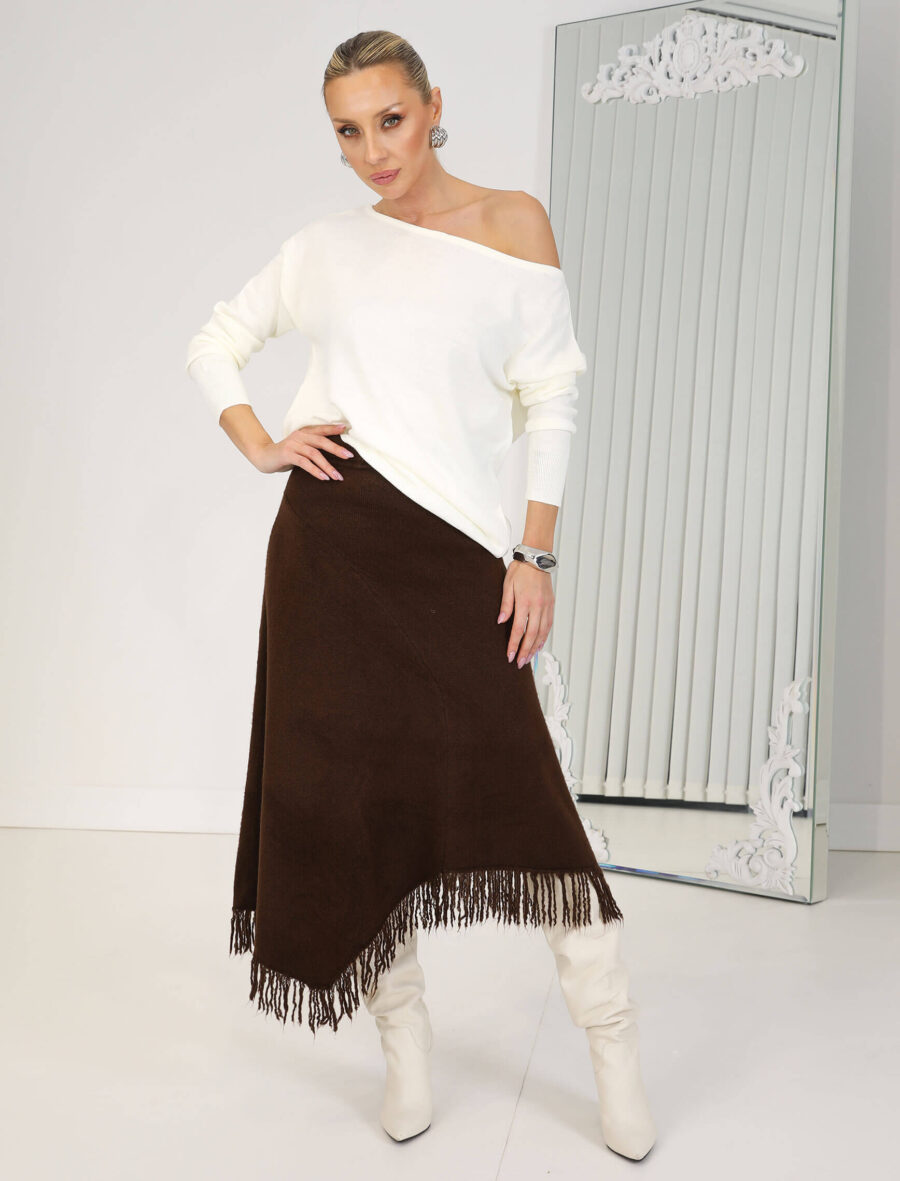Kahverengi Asimetrik Saçaklı Triko Etek