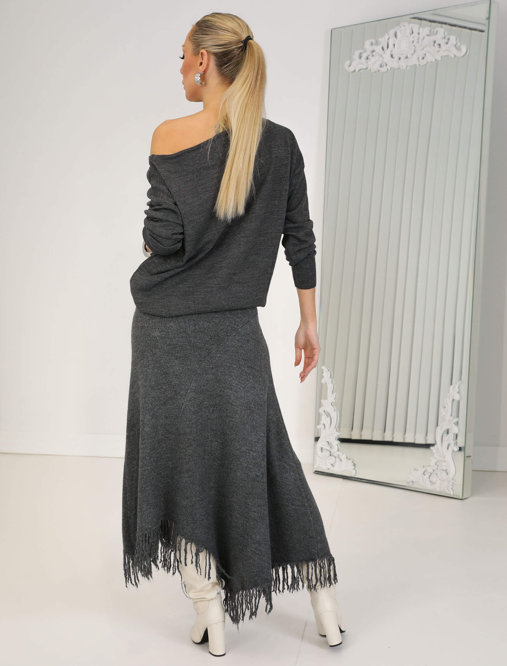 Antrasit Asimetrik Saçaklı Triko Etek - Görsel 5