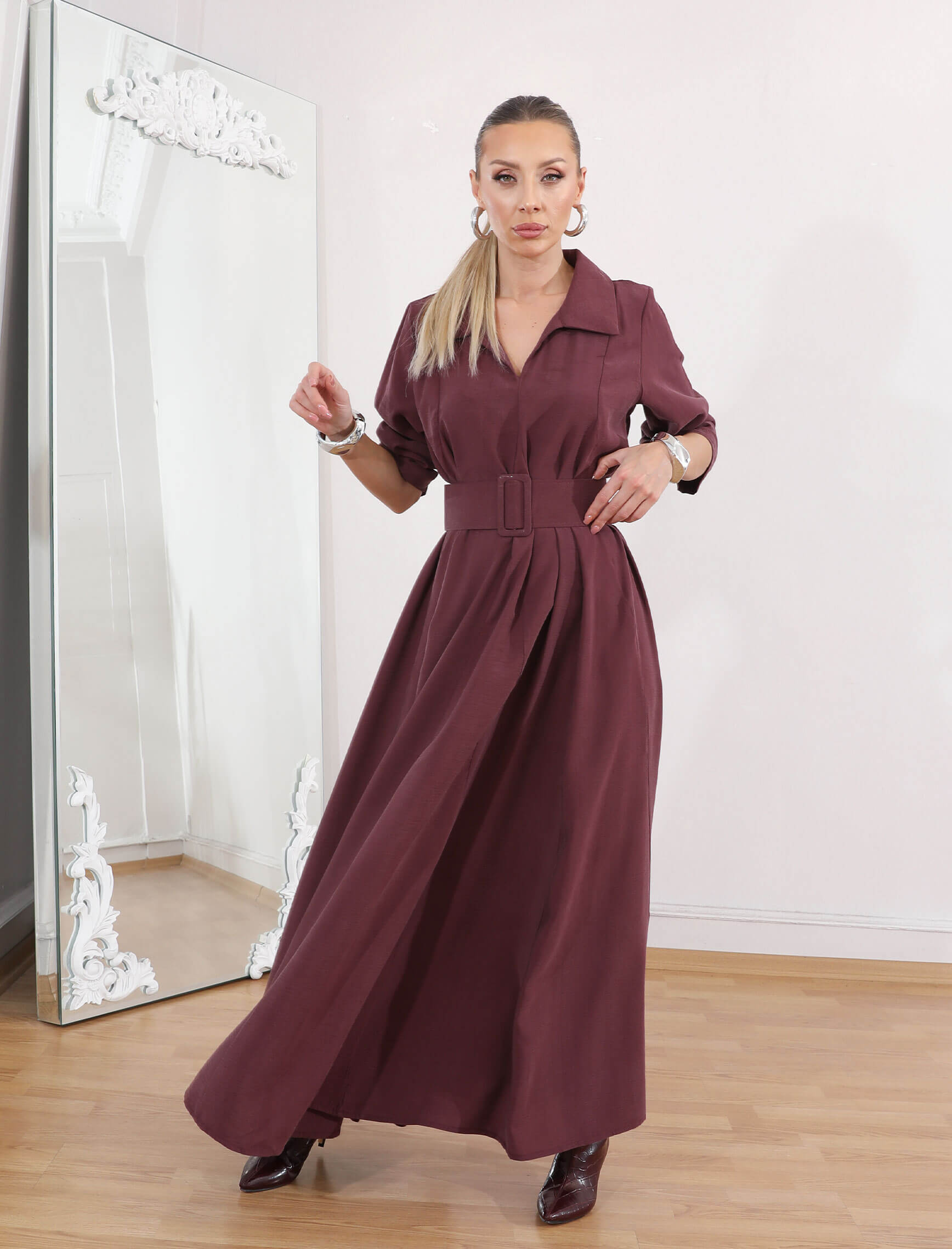 Bordo Tensel Piare Kemerli Elbise - Görsel 5