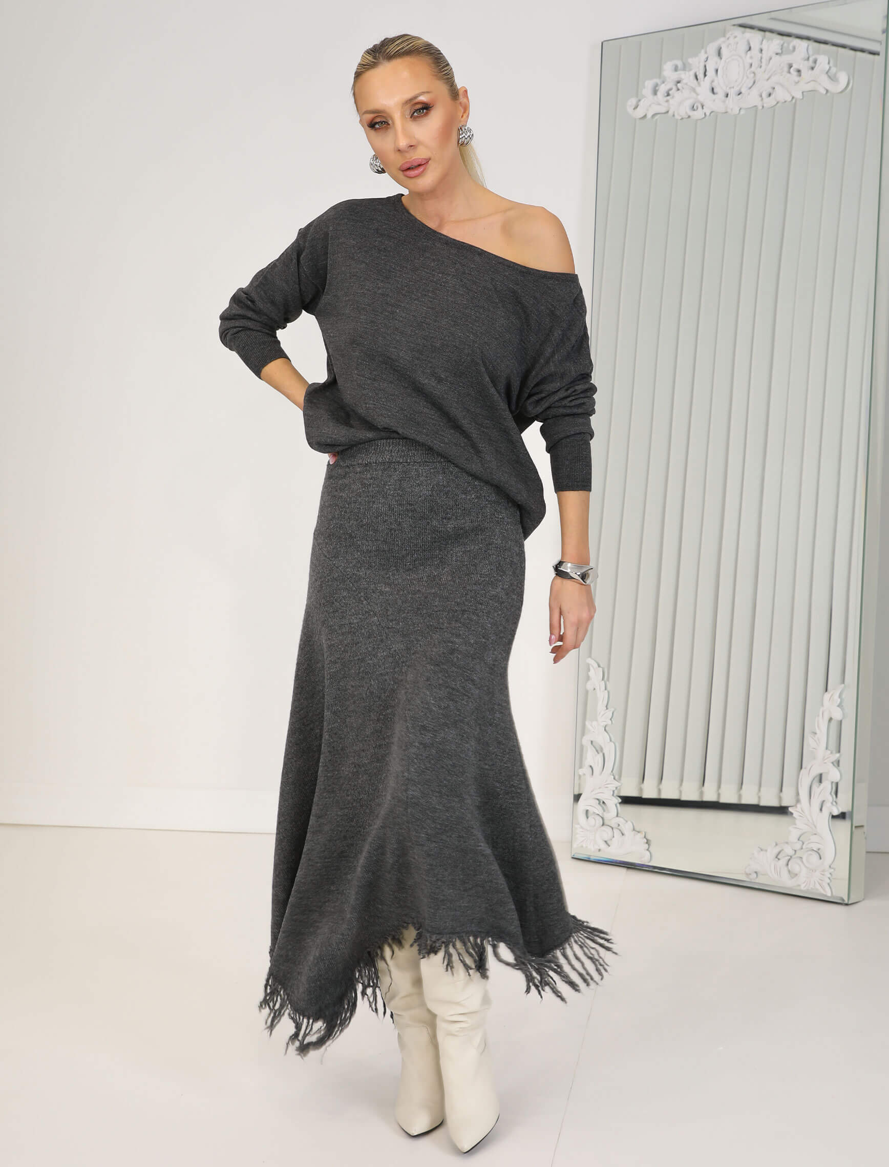 Antrasit Asimetrik Saçaklı Triko Etek - Görsel 2