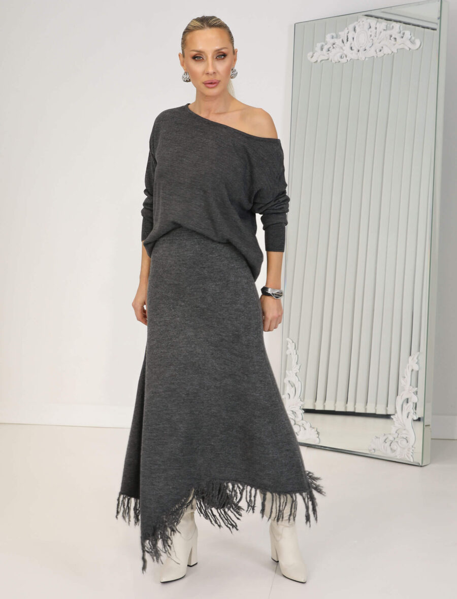 Antrasit Asimetrik Saçaklı Triko Etek