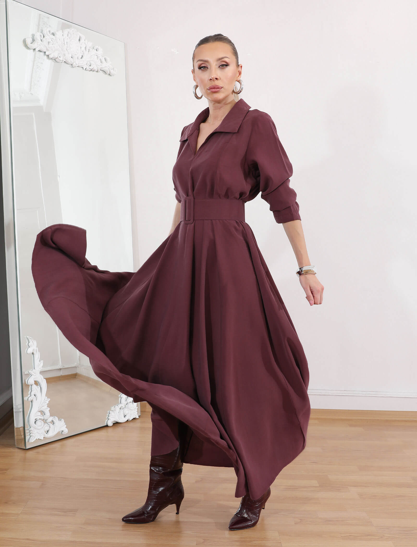 Bordo Tensel Piare Kemerli Elbise - Görsel 3