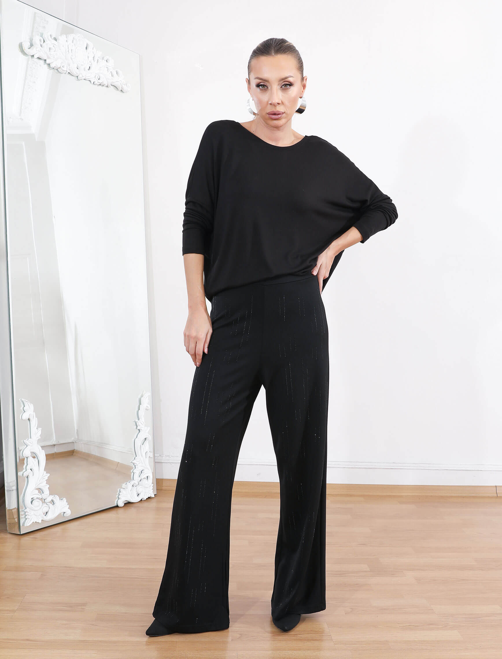 Siyah Çizgi Taş Bohem Palazzo Pantolon - Görsel 3