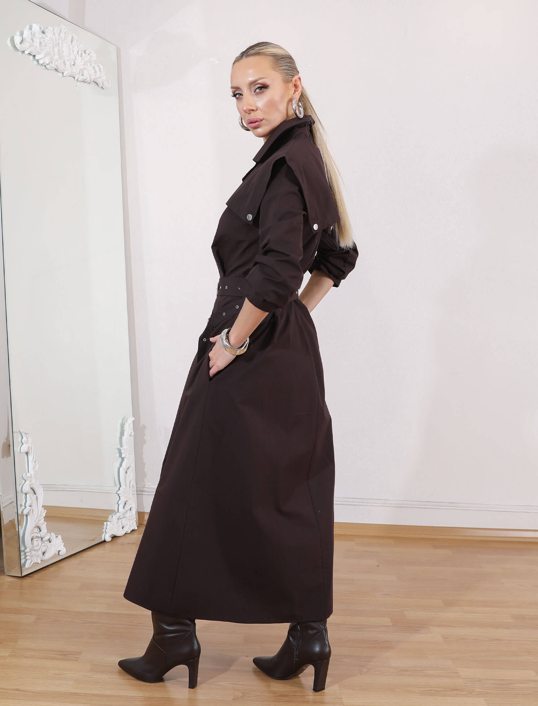 Kahverengi Kuşgözü Kemerli Mona Elbise - Görsel 6