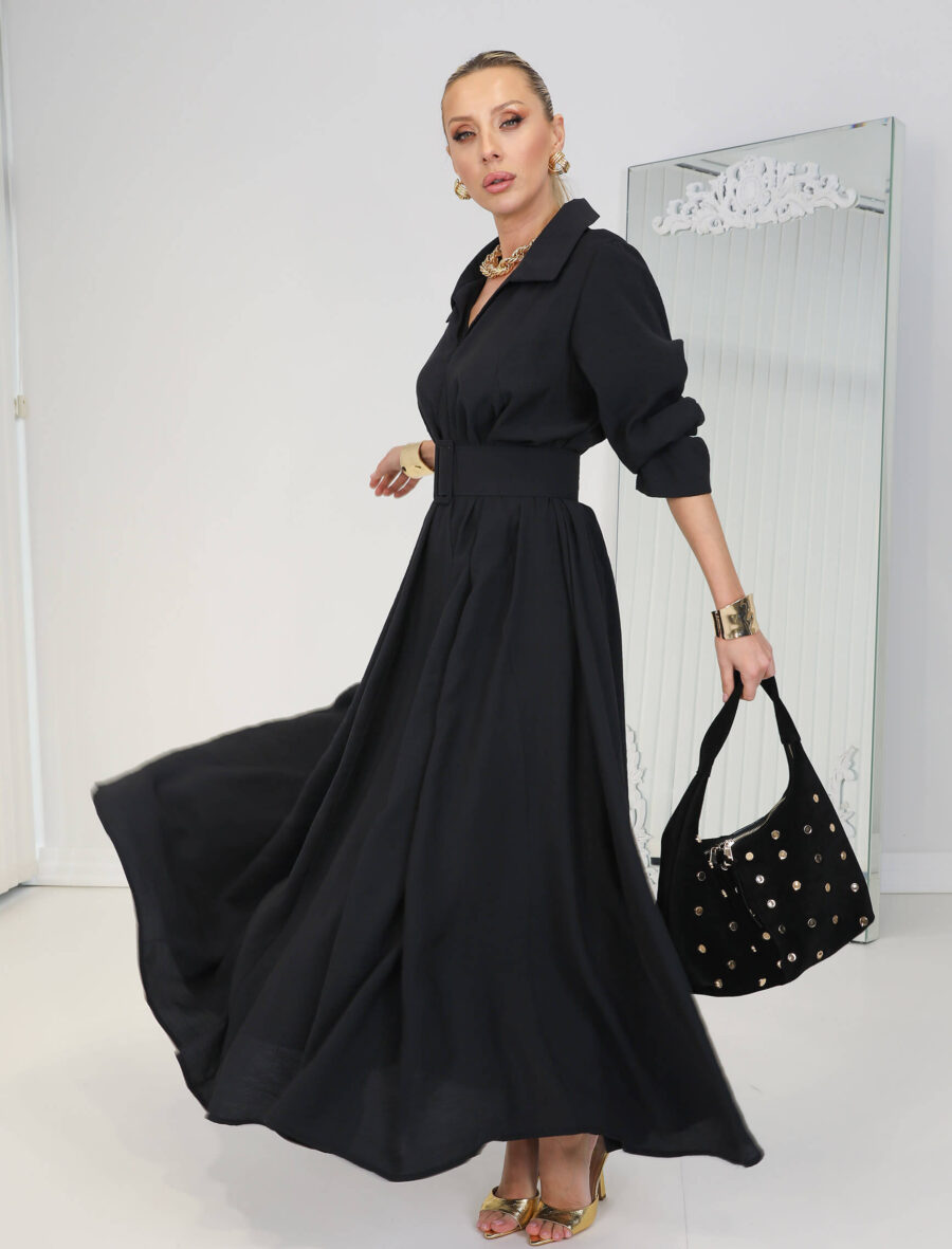 Siyah Tensel Piare Kemerli Elbise