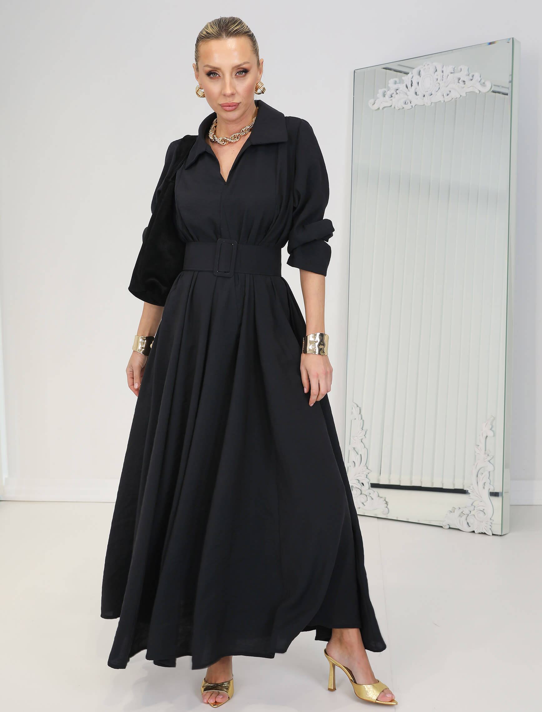 Siyah Tensel Piare Kemerli Elbise - Görsel 5