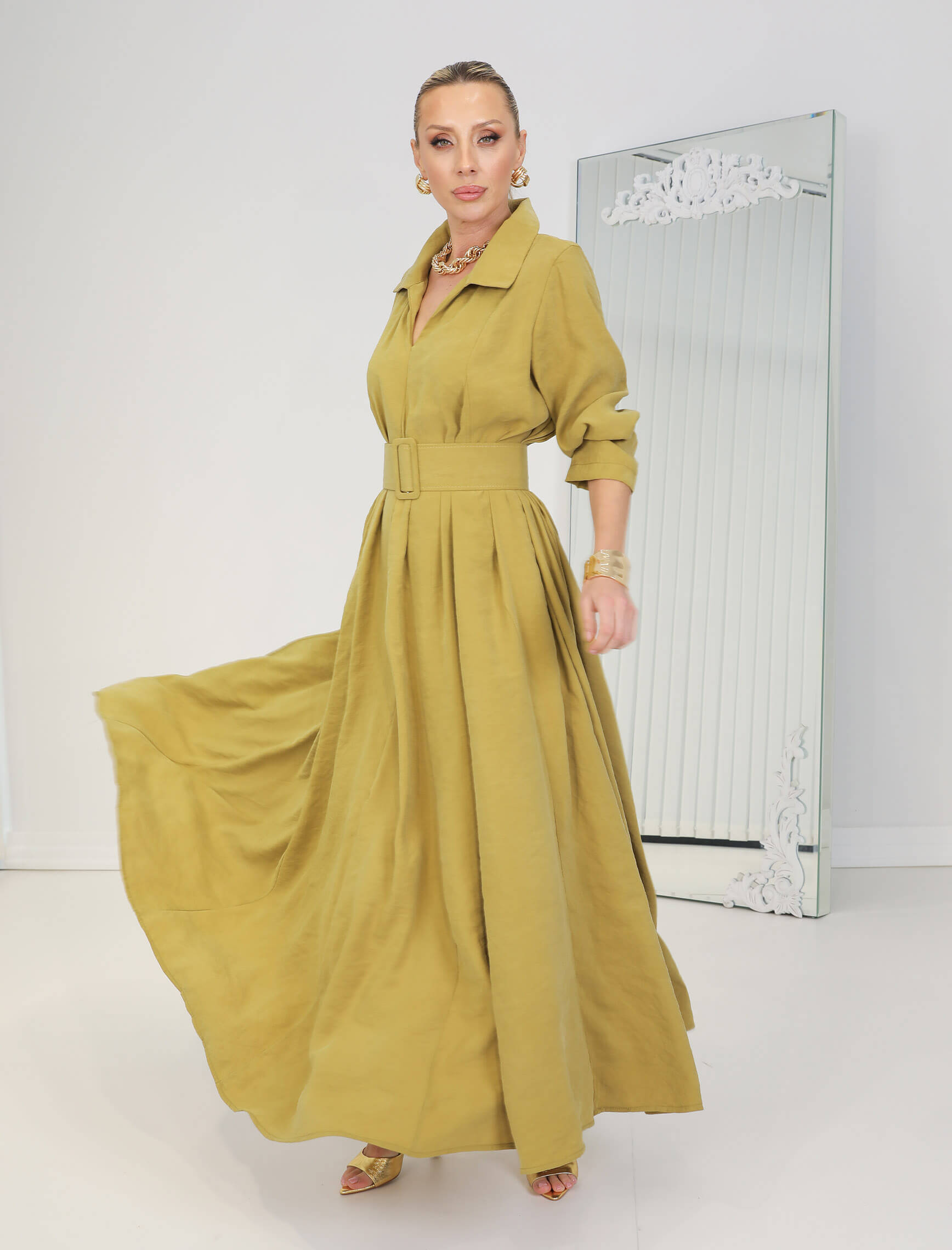 Yağ Yeşili Tensel Piare Kemerli Elbise