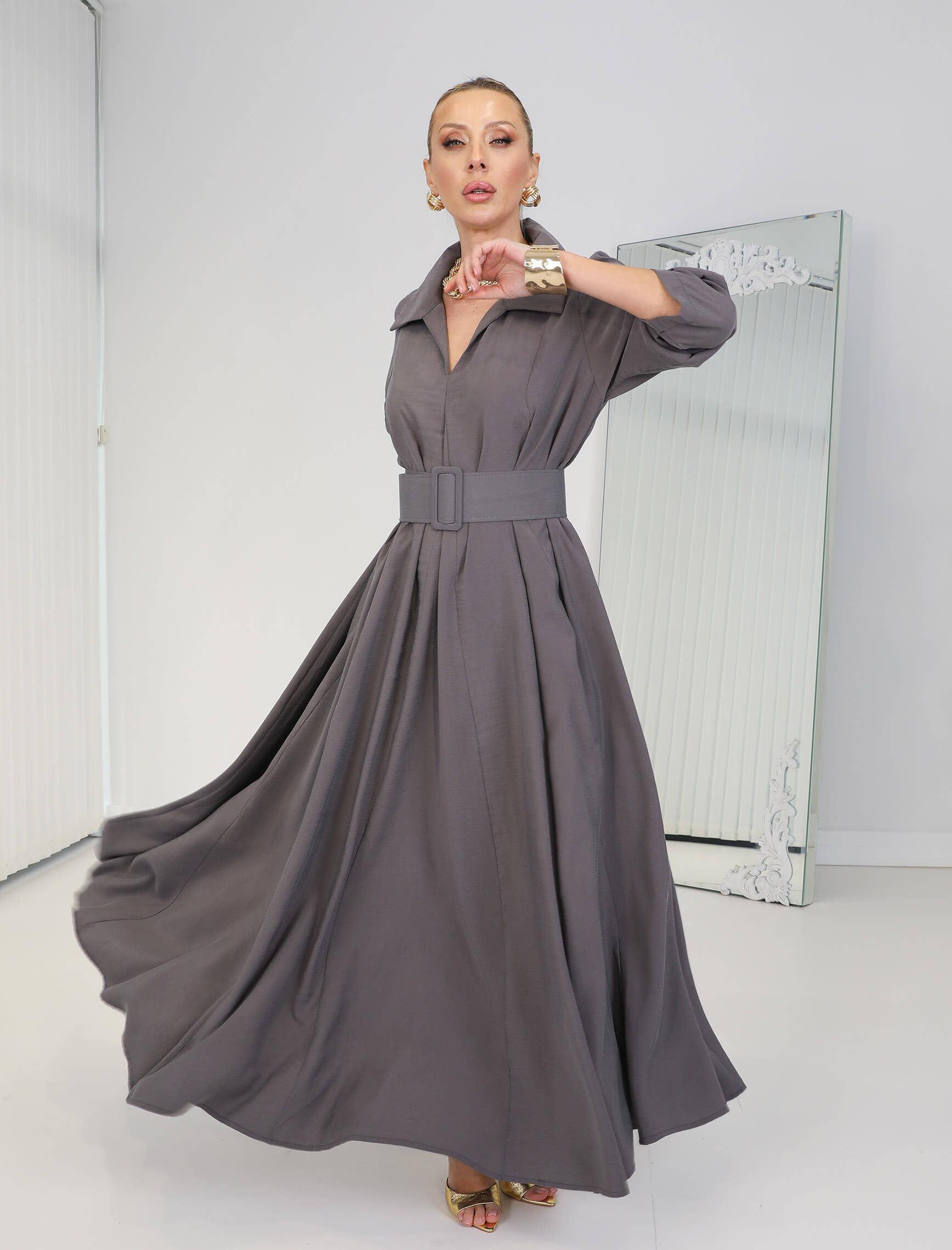 Duman Gri Tensel Piare Kemerli Elbise