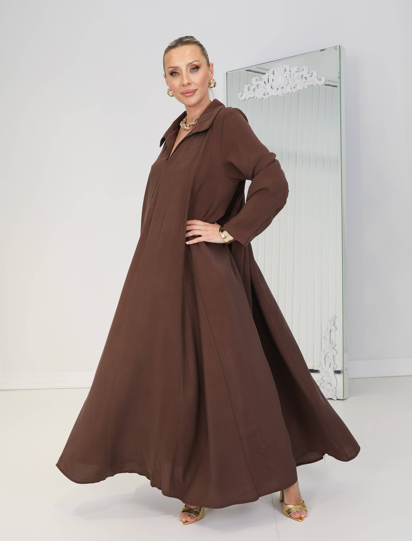 Tatlı Kahve Tensel Piare Kemerli Elbise - Görsel 2