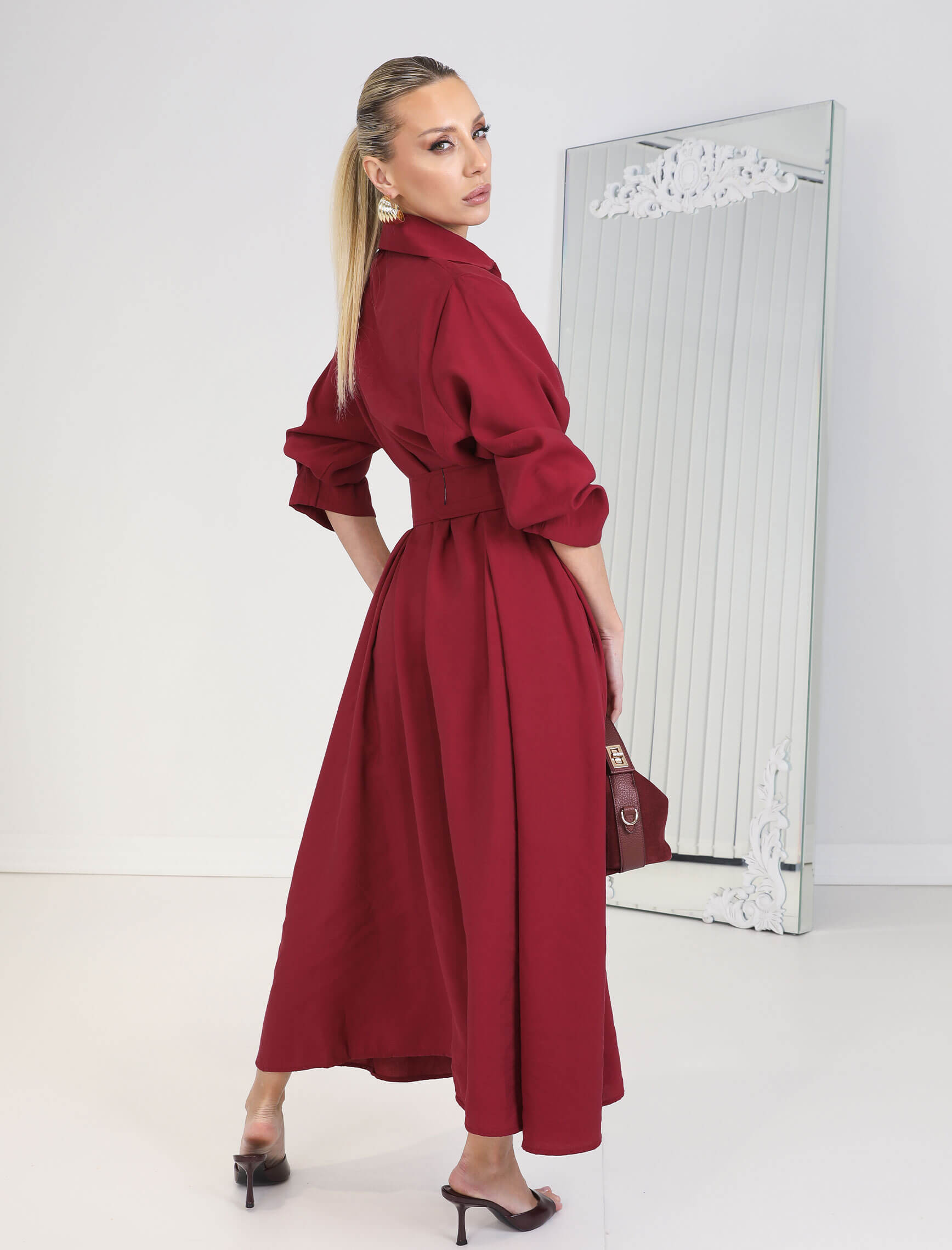 Koyu Kırmızı Kemerli Rosso Elbise - Görsel 5