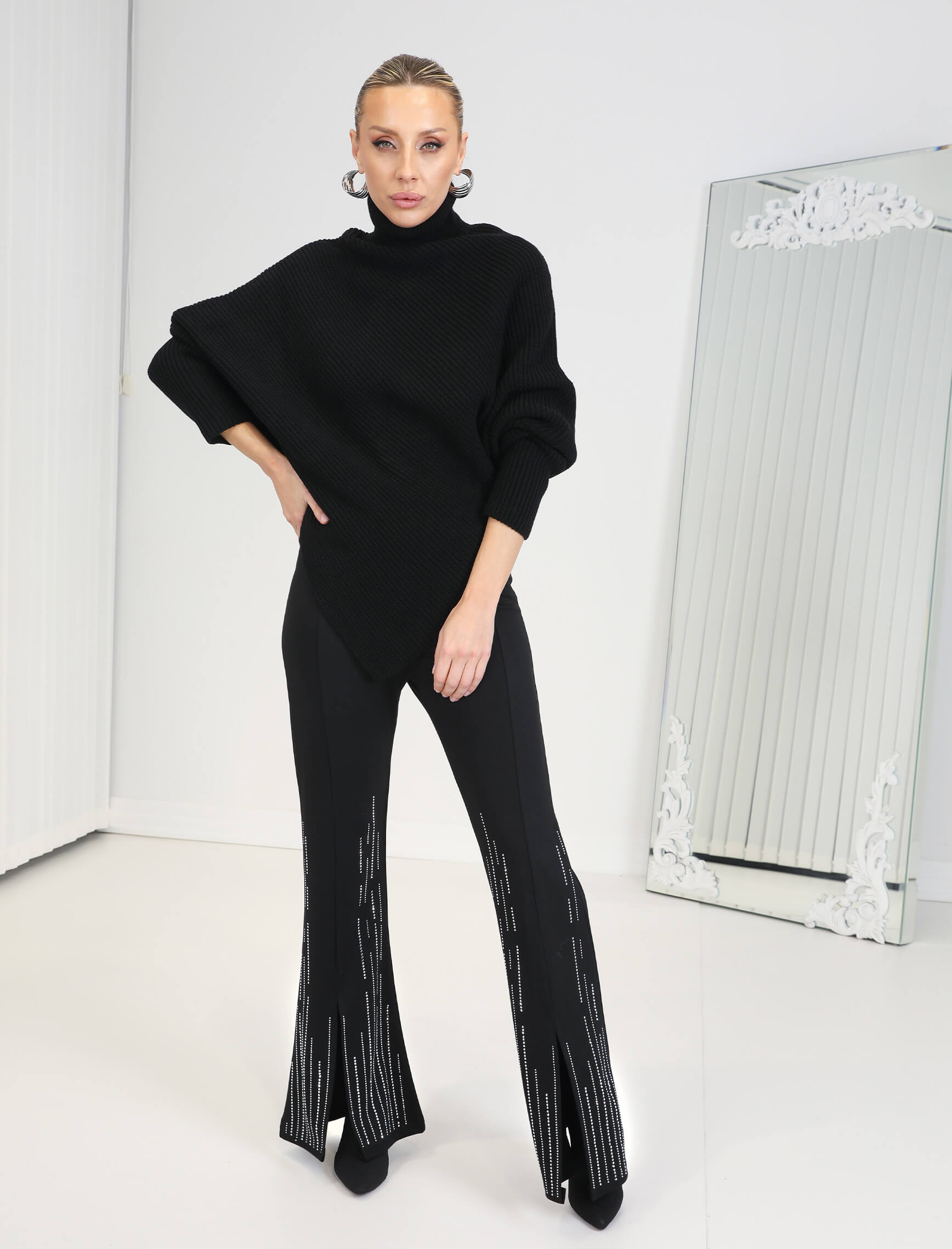 Siyah Gümüş Taş Ön Yırtmaç Sparkle Pantolon - Görsel 5