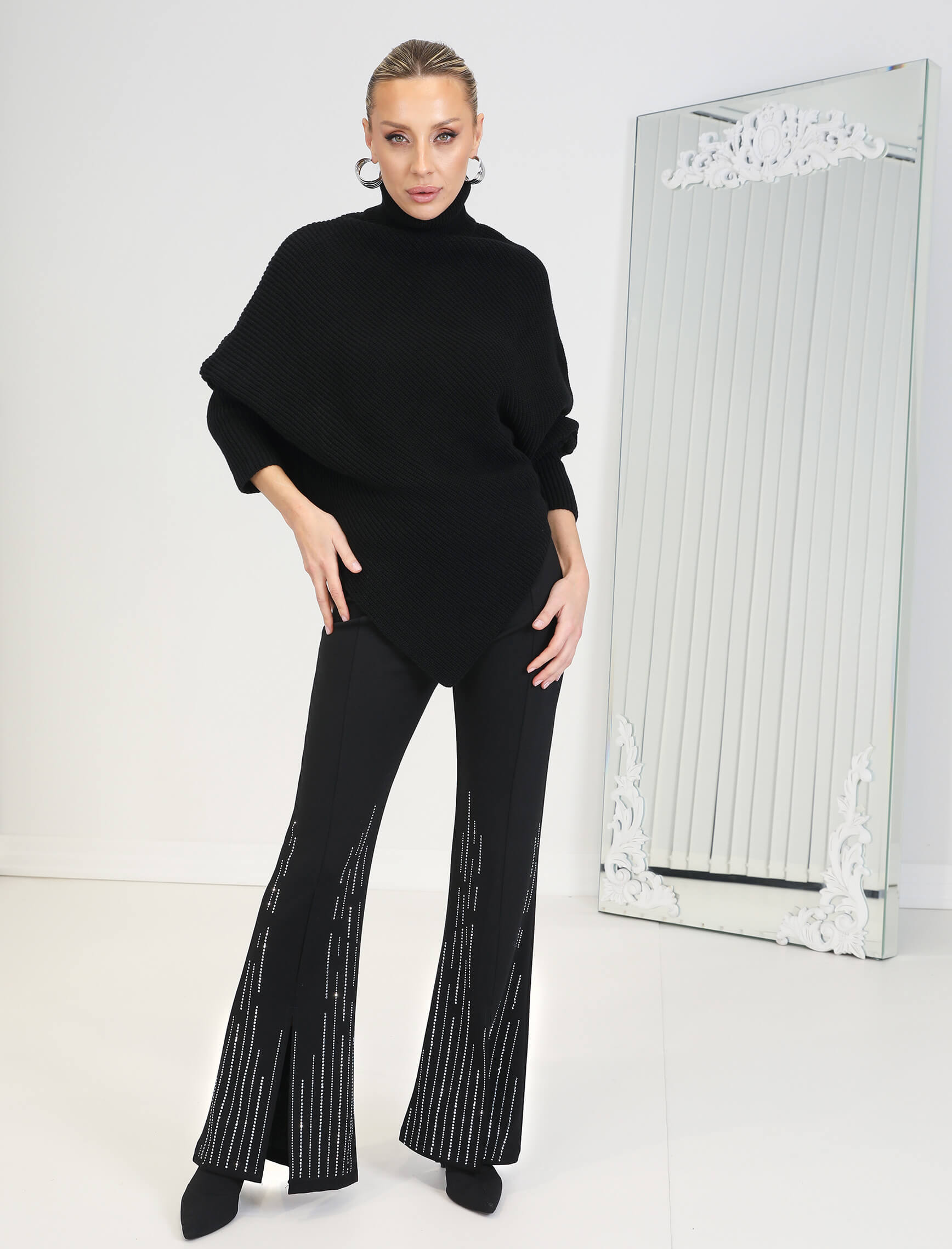 Siyah Gümüş Taş Ön Yırtmaç Sparkle Pantolon - Görsel 3