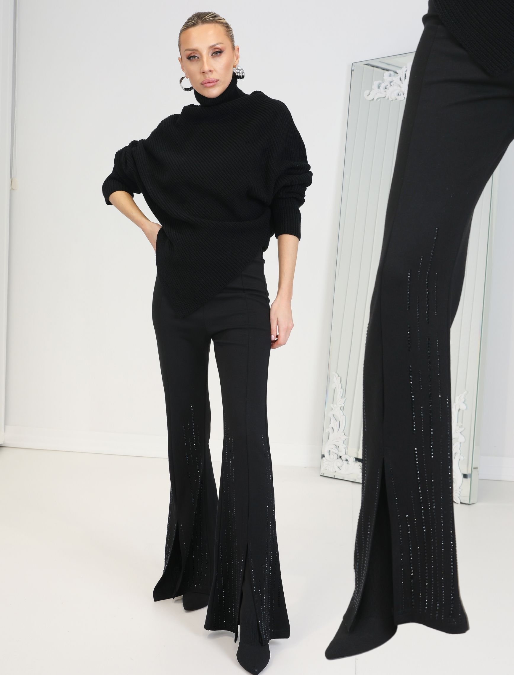 Siyah Taş Ön Yırtmaç Sparkle Pantolon