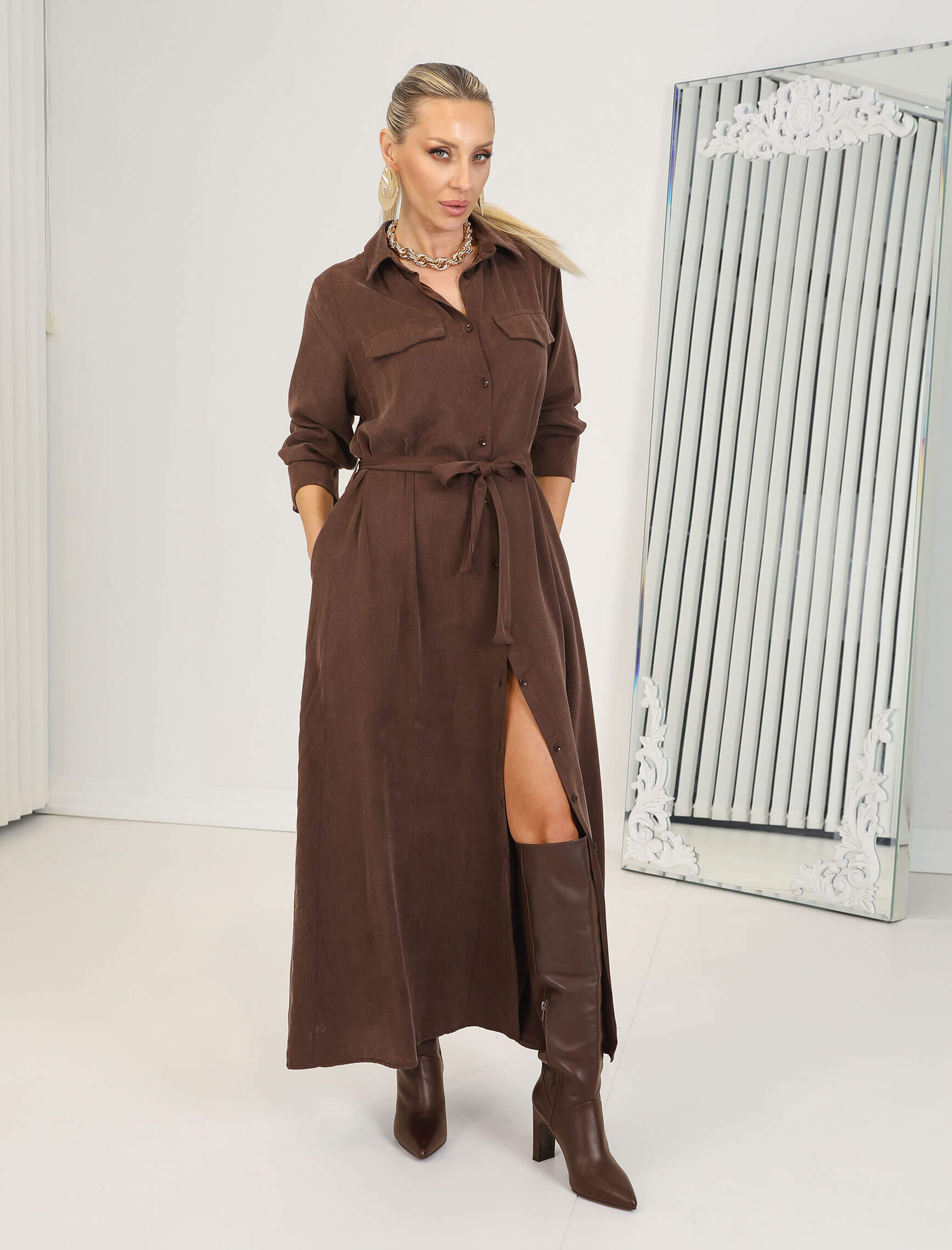 Tatlı Kahve Ortensa Gömlek Elbise - Görsel 4