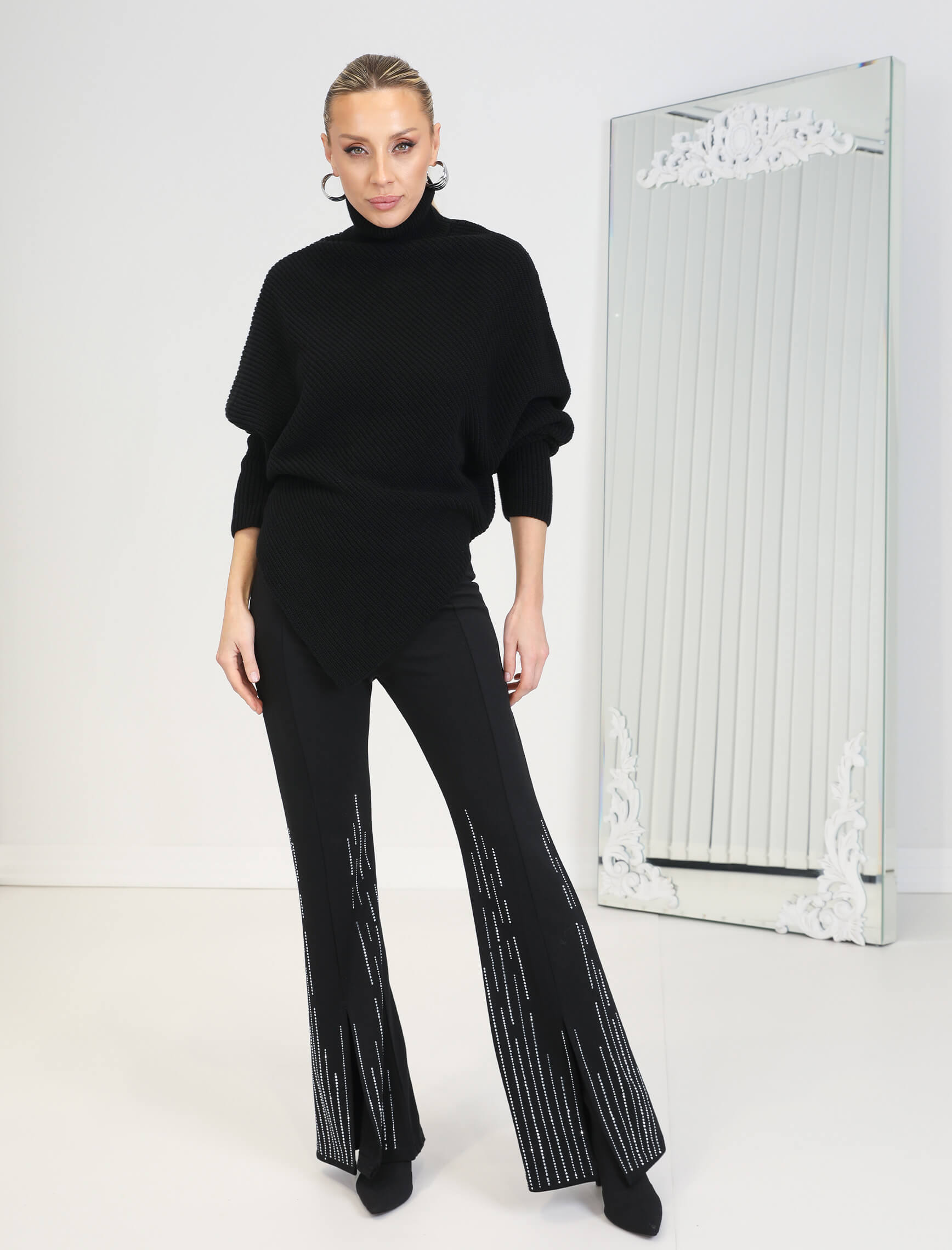 Siyah Gümüş Taş Ön Yırtmaç Sparkle Pantolon - Görsel 2