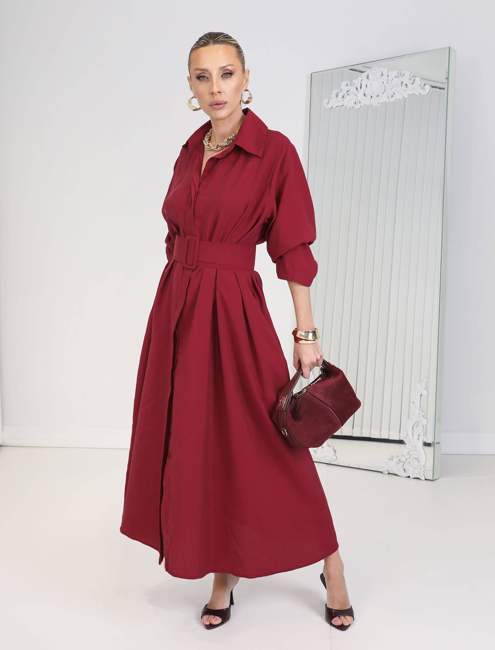 Koyu Kırmızı Kemerli Rosso Elbise - Görsel 4