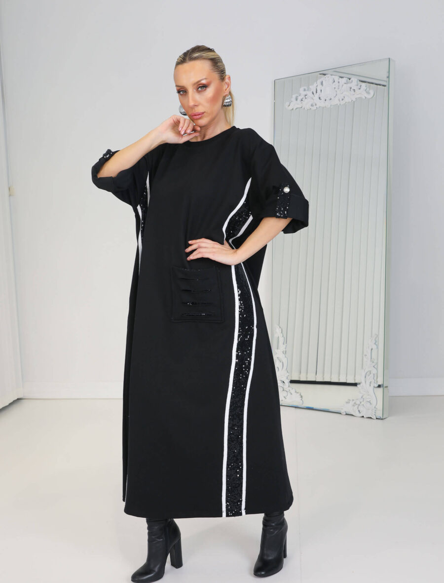 Siyah Payet Şerit Elbise