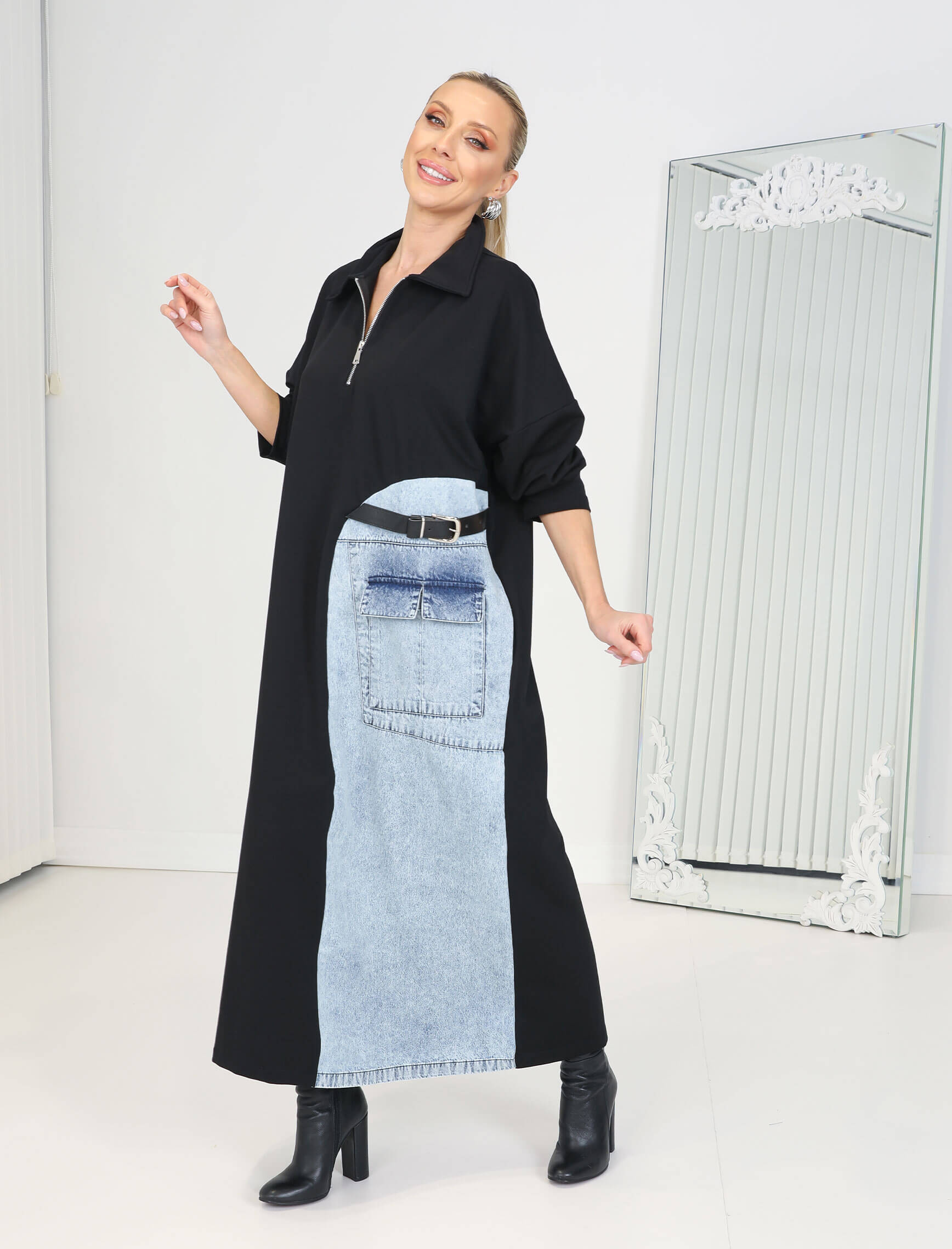 Siyah Mavi Jean Kemer Detay Elbise