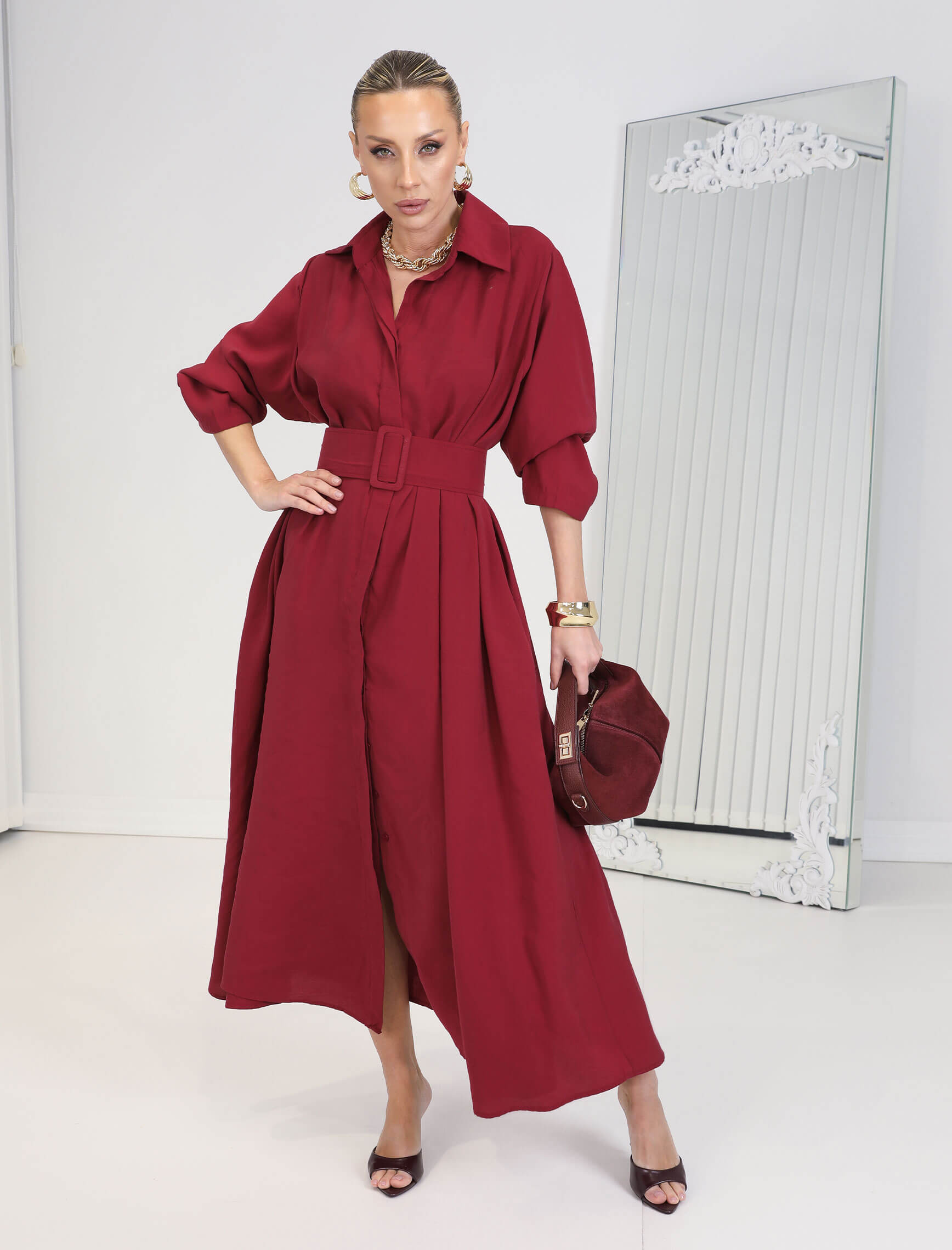 Koyu Kırmızı Kemerli Rosso Elbise - Görsel 3