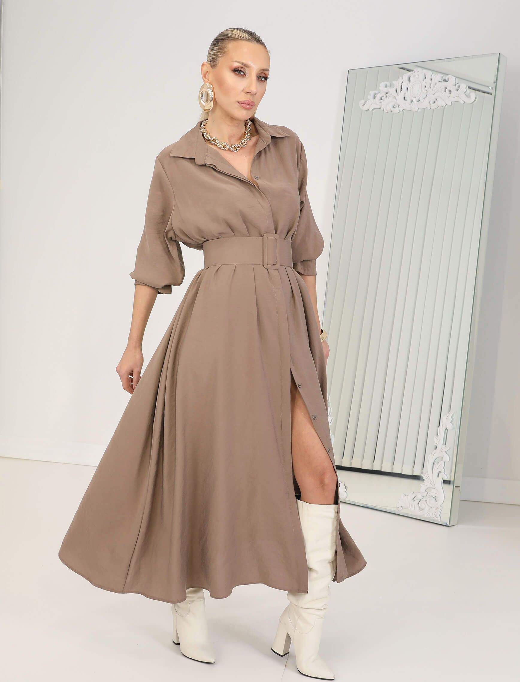 Vizon Kemerli Rosso Elbise