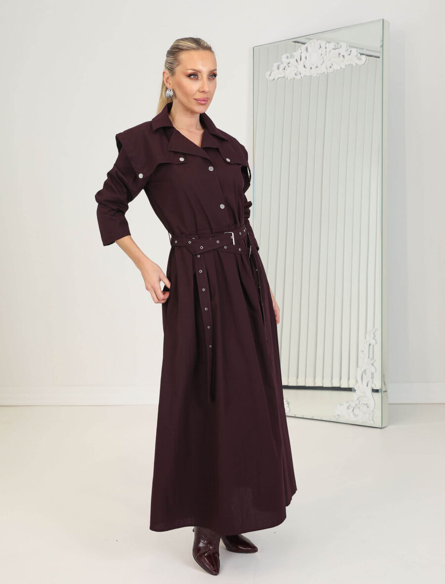 Bordo Kuşgözü Kemerli Mona Elbise