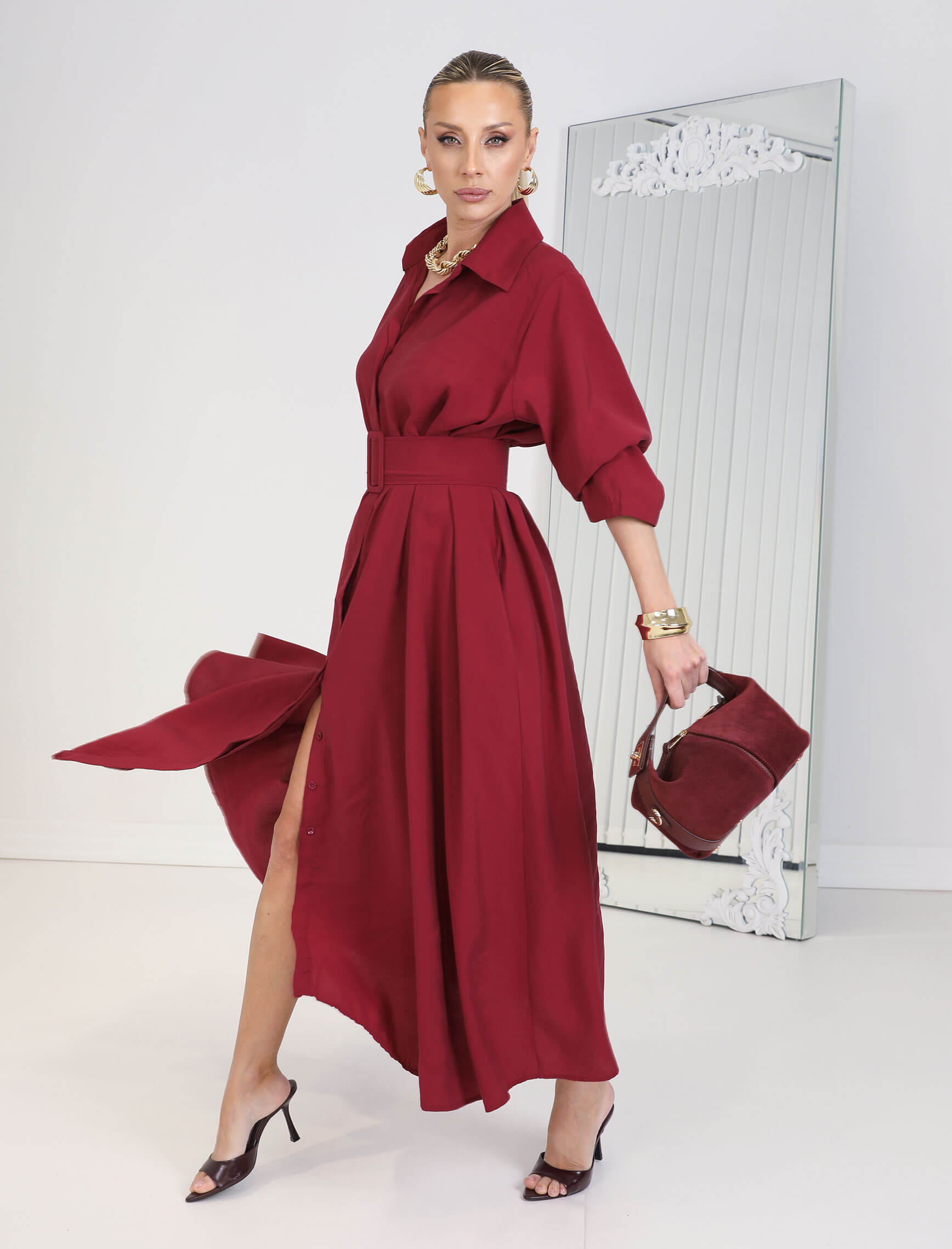 Koyu Kırmızı Kemerli Rosso Elbise - Görsel 2