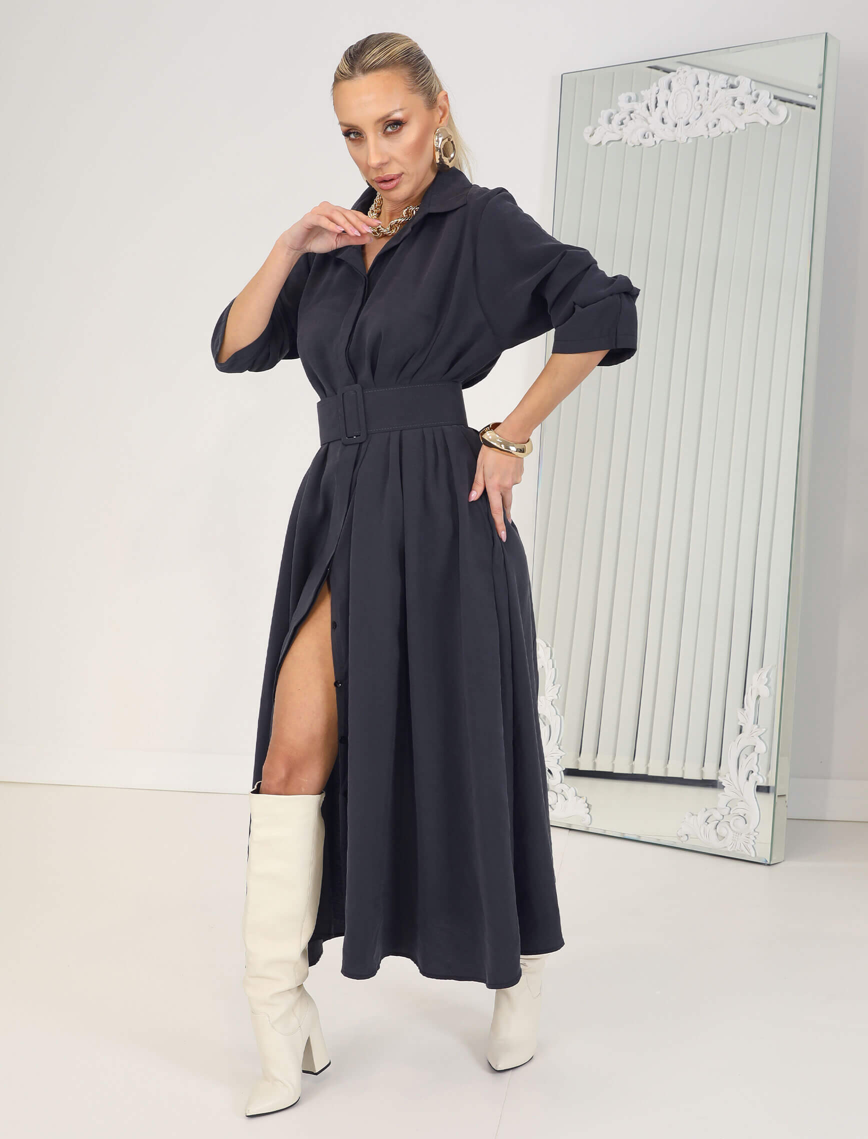 Gri Laci Kemerli Rosso Elbise