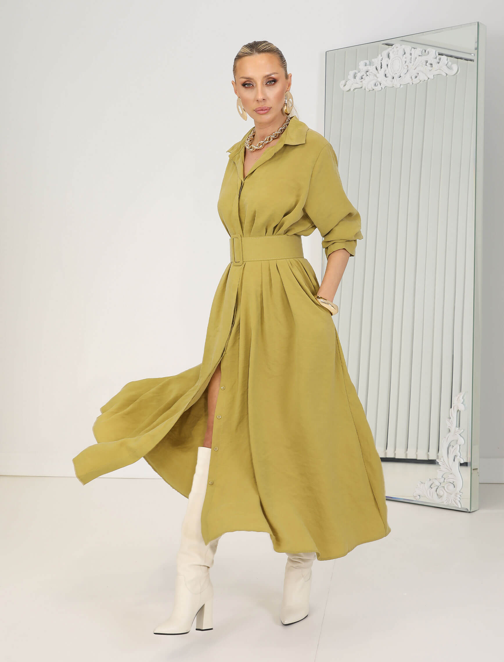 Yağyeşili Kemerli Rosso Elbise