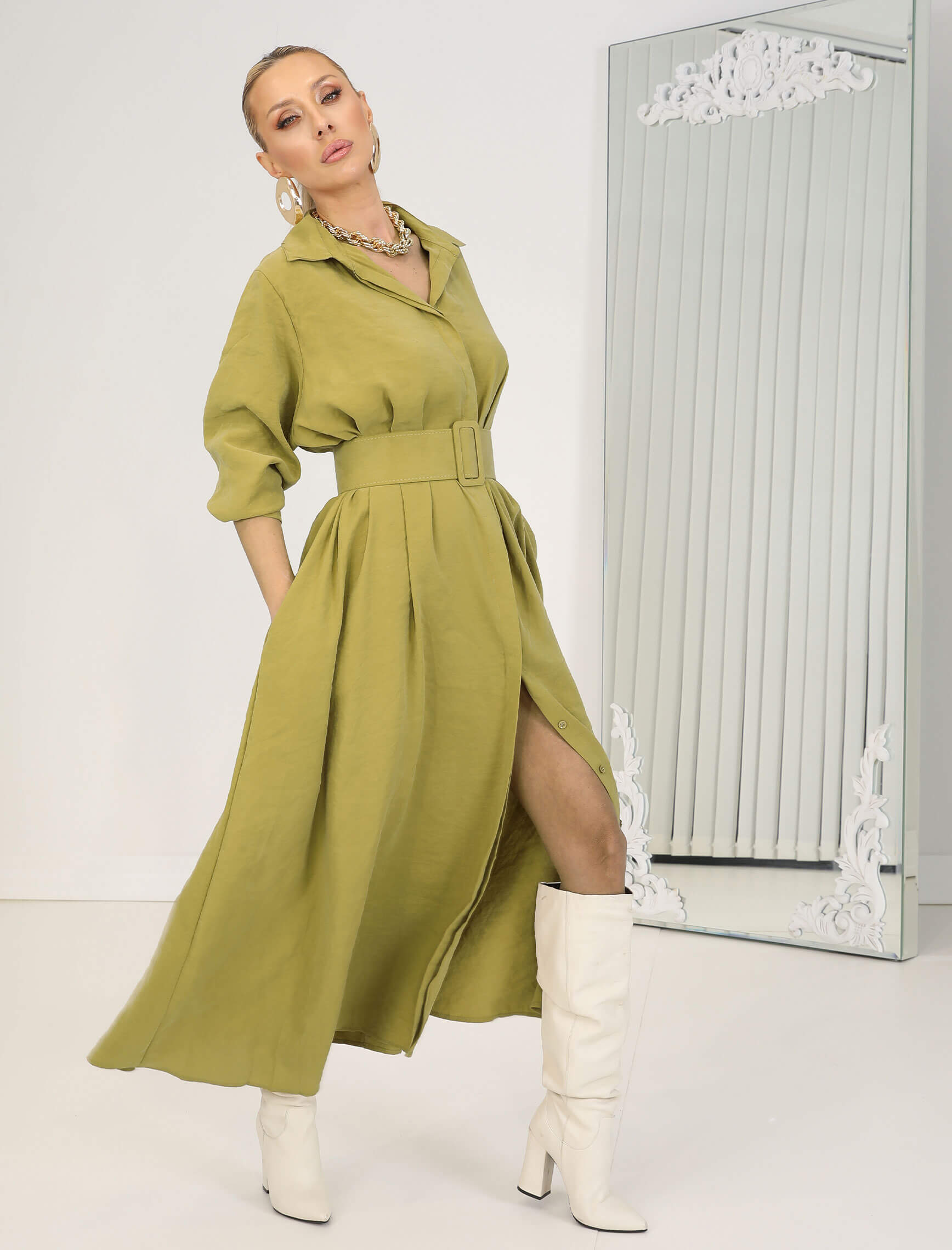 Açık Çağla Kemerli Rosso Elbise - Görsel 4