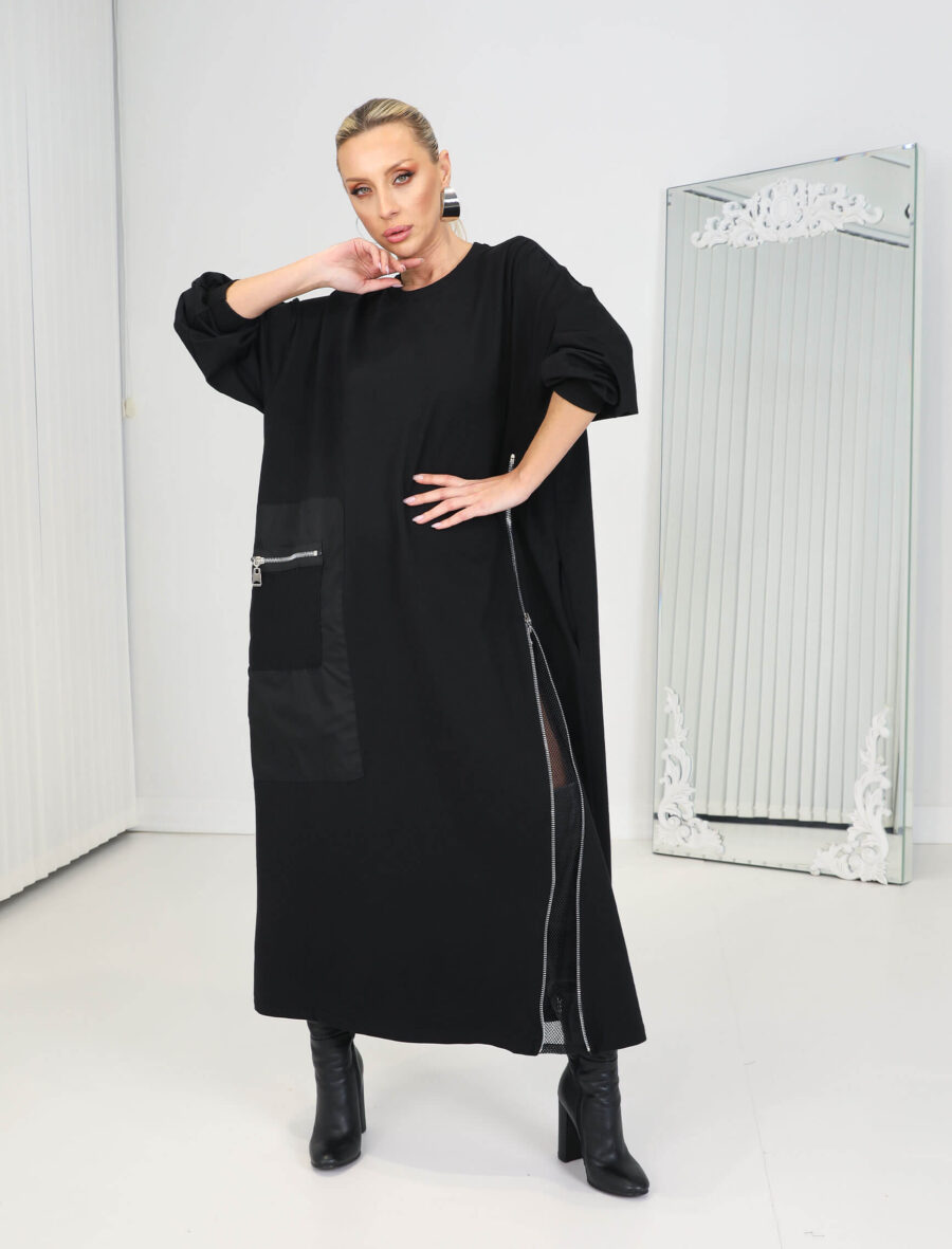 Siyah Cep Fermuar Sweat Elbise
