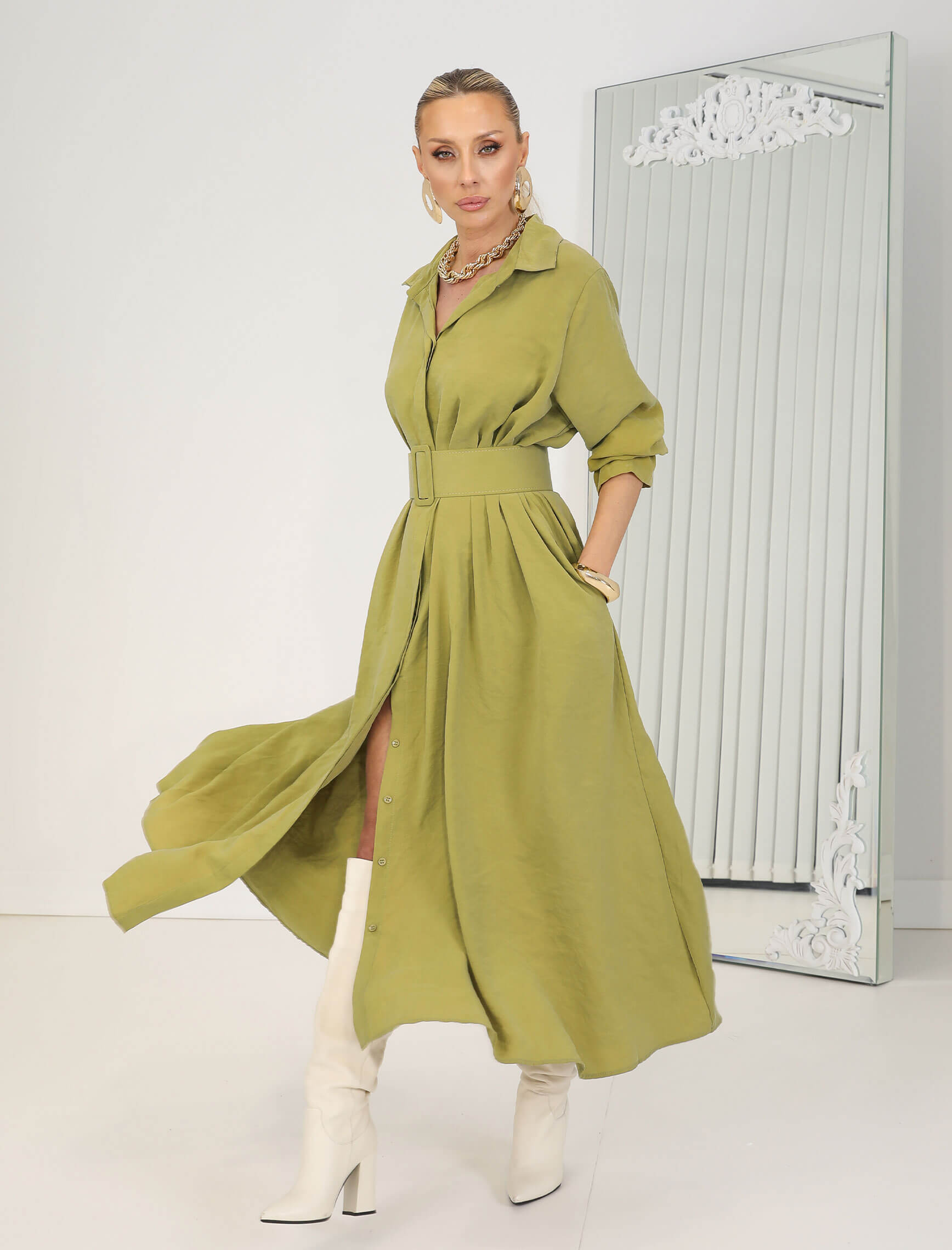 Açık Çağla Kemerli Rosso Elbise