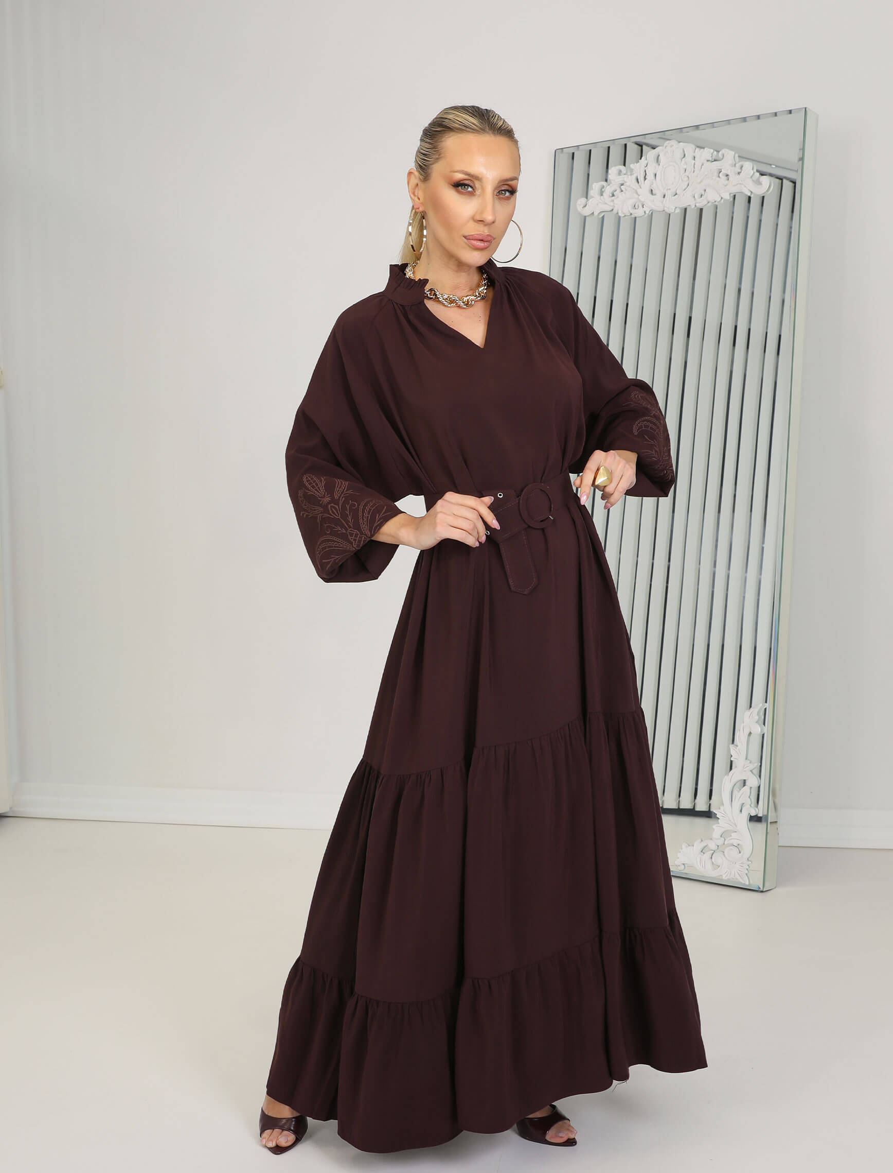 Bordo Kol Nakış Bordado Elbise