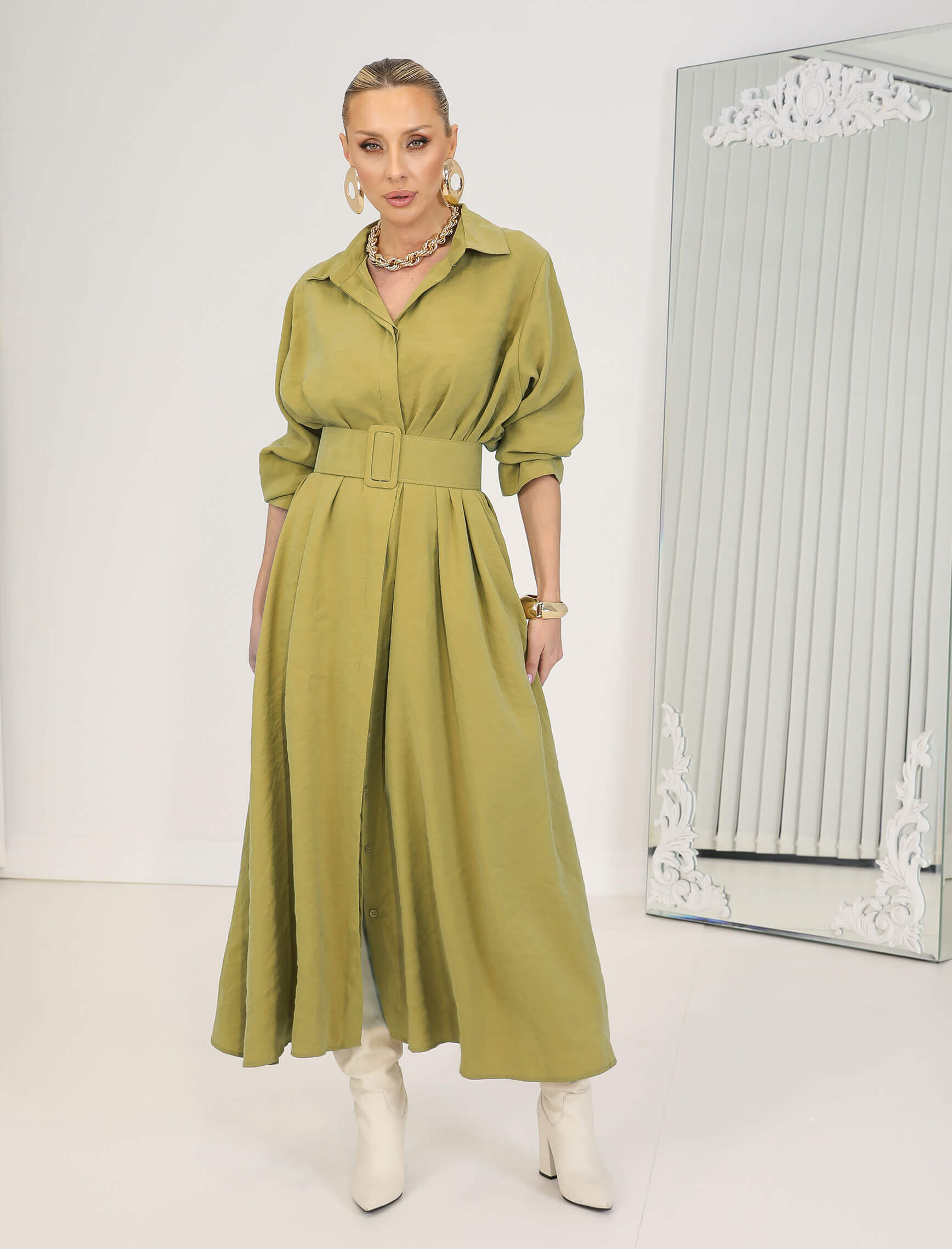 Açık Çağla Kemerli Rosso Elbise - Görsel 2