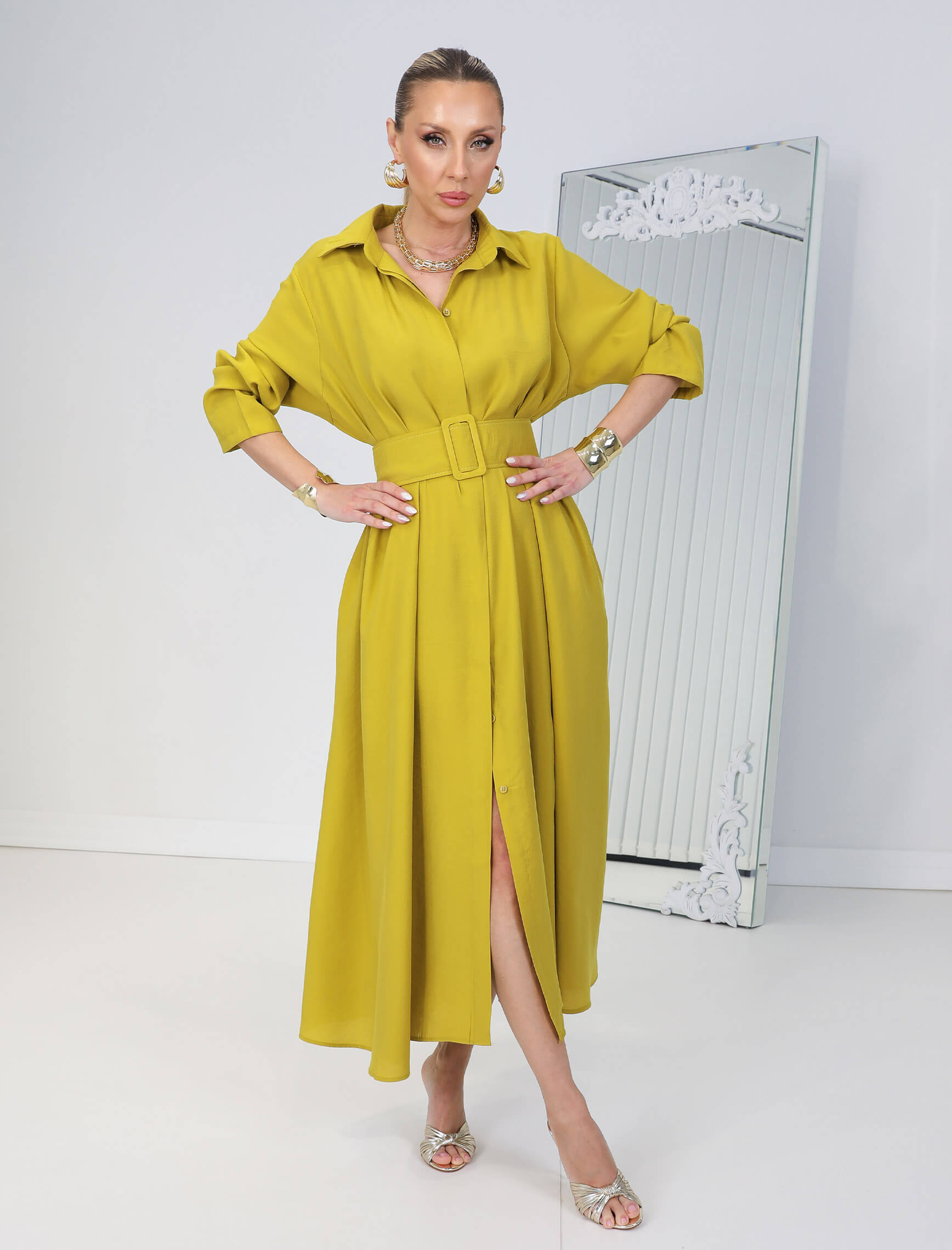 Yağyeşili Kemerli Rosso Elbise - Görsel 6