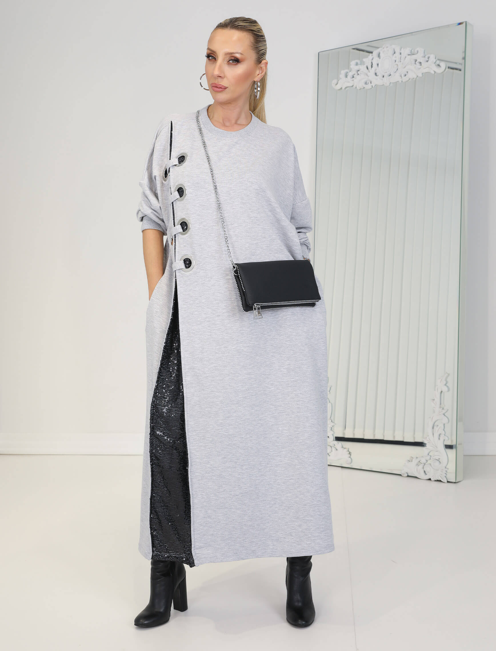 Gri Kuşgözü Payet Detay Sweat Elbise - Görsel 5