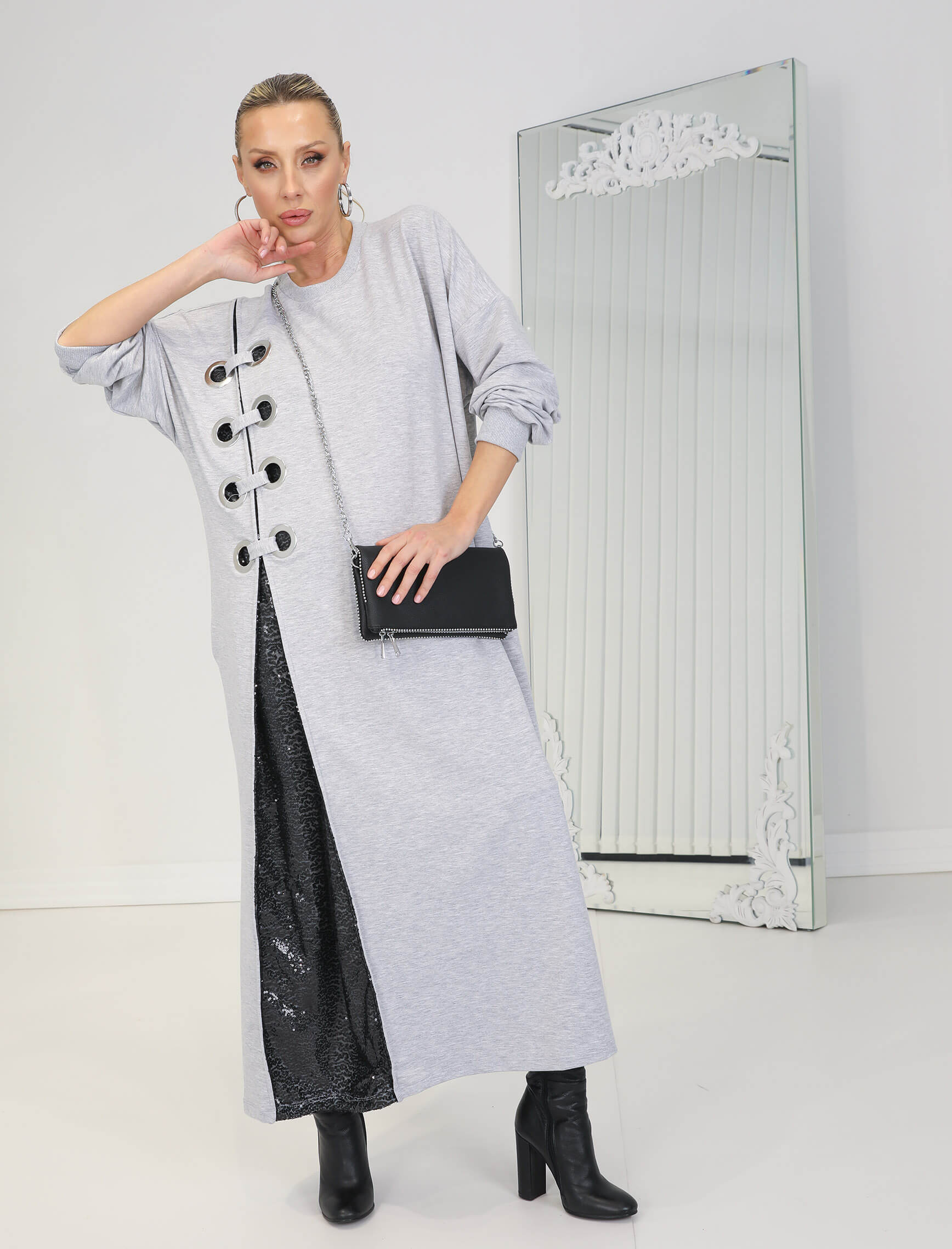 Gri Kuşgözü Payet Detay Sweat Elbise - Görsel 3