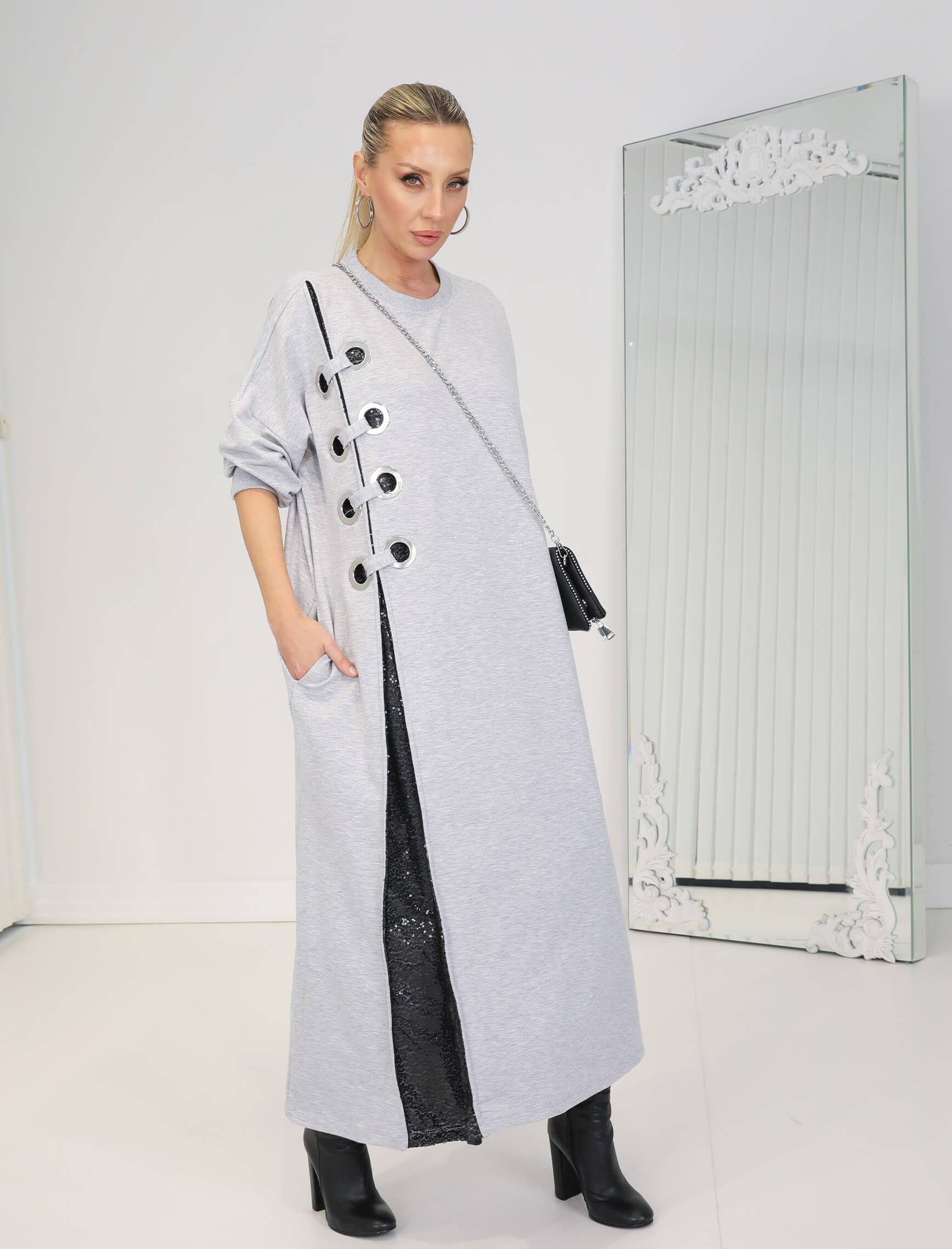 Gri Kuşgözü Payet Detay Sweat Elbise - Görsel 2