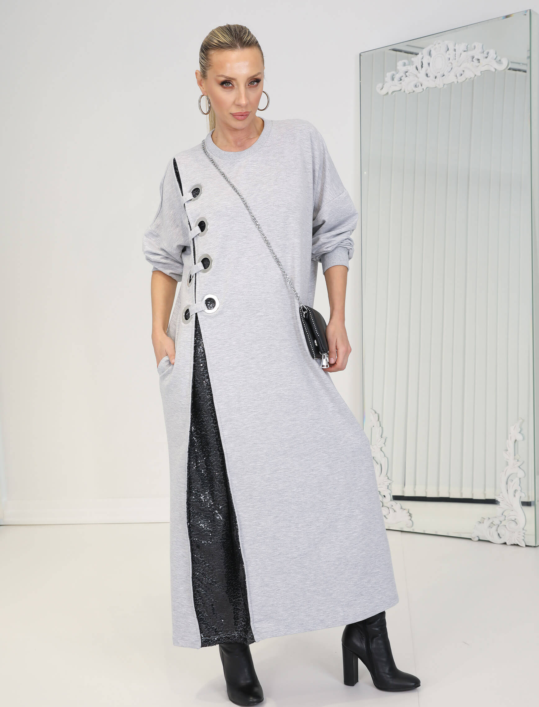 Gri Kuşgözü Payet Detay Sweat Elbise