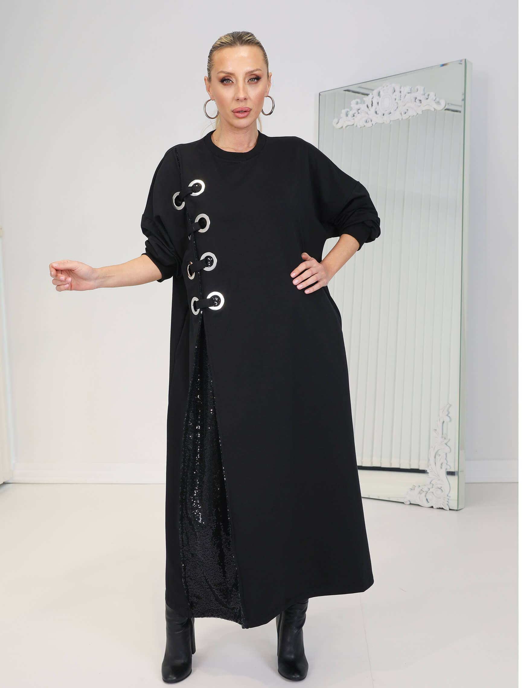 Siyah Kuşgözü Payet Detay Sweat Elbise - Görsel 4