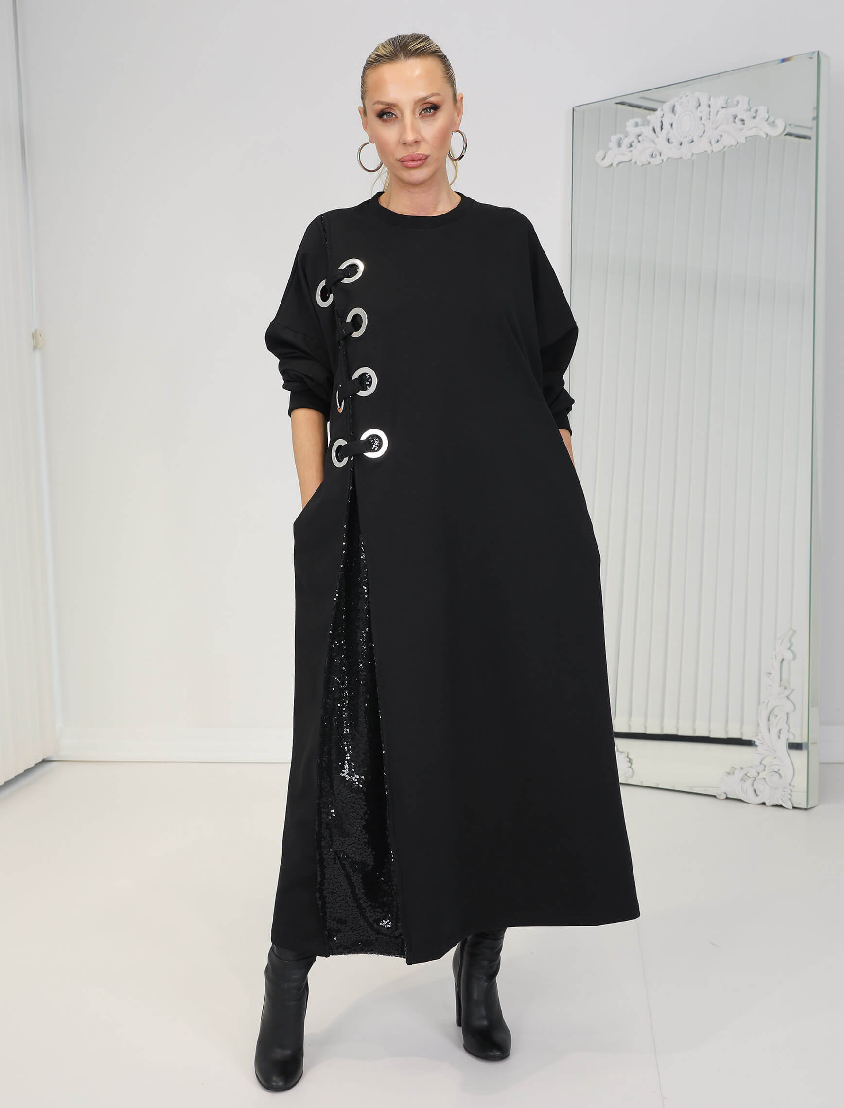 Siyah Kuşgözü Payet Detay Sweat Elbise - Görsel 3