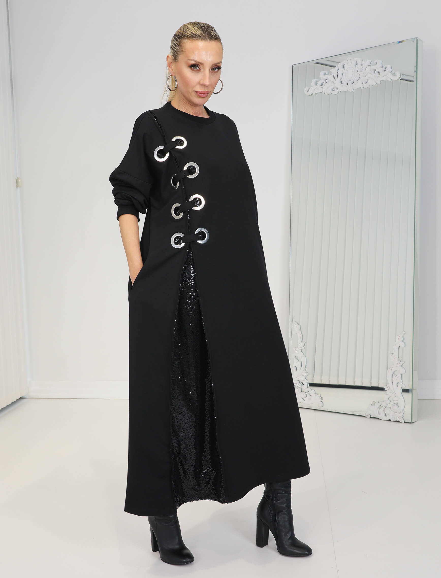 Siyah Kuşgözü Payet Detay Sweat Elbise - Görsel 2