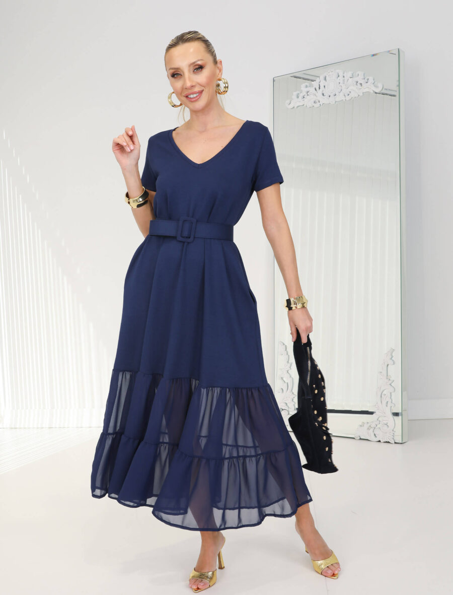 İndigo Eteği Şifon Nero Elbise