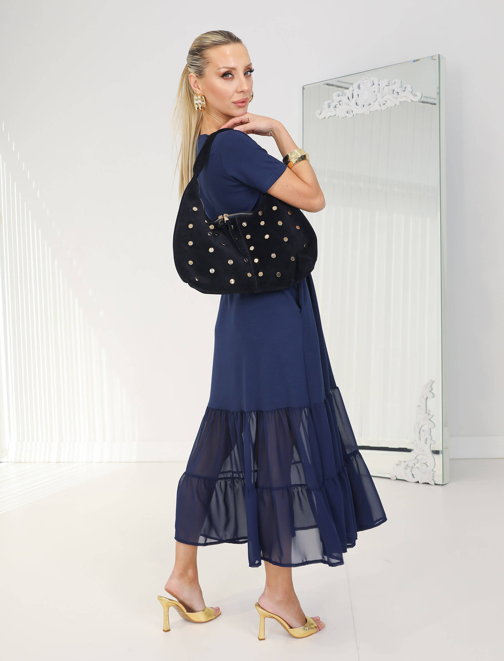 İndigo Eteği Şifon Nero Elbise - Görsel 4