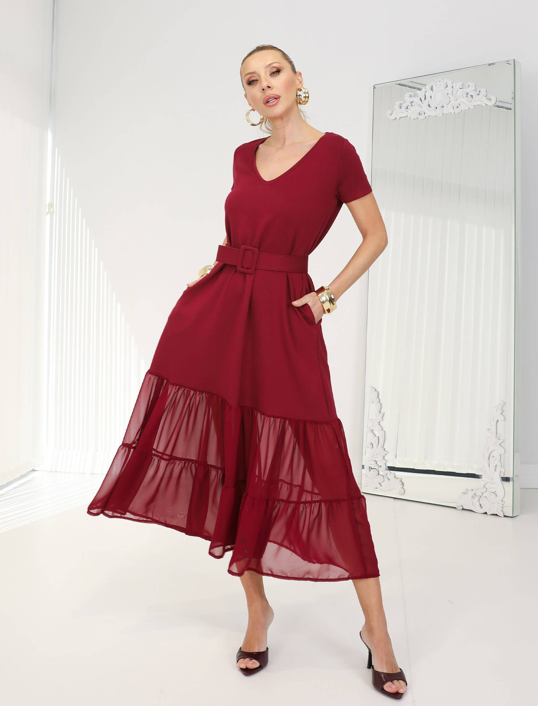 Koyu Kırmızı Eteği Şifon Nero Elbise