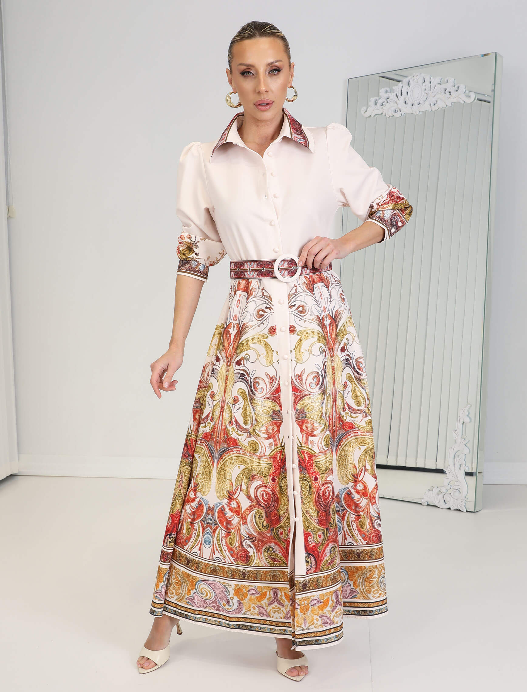 Bej Şal Desen Elbise