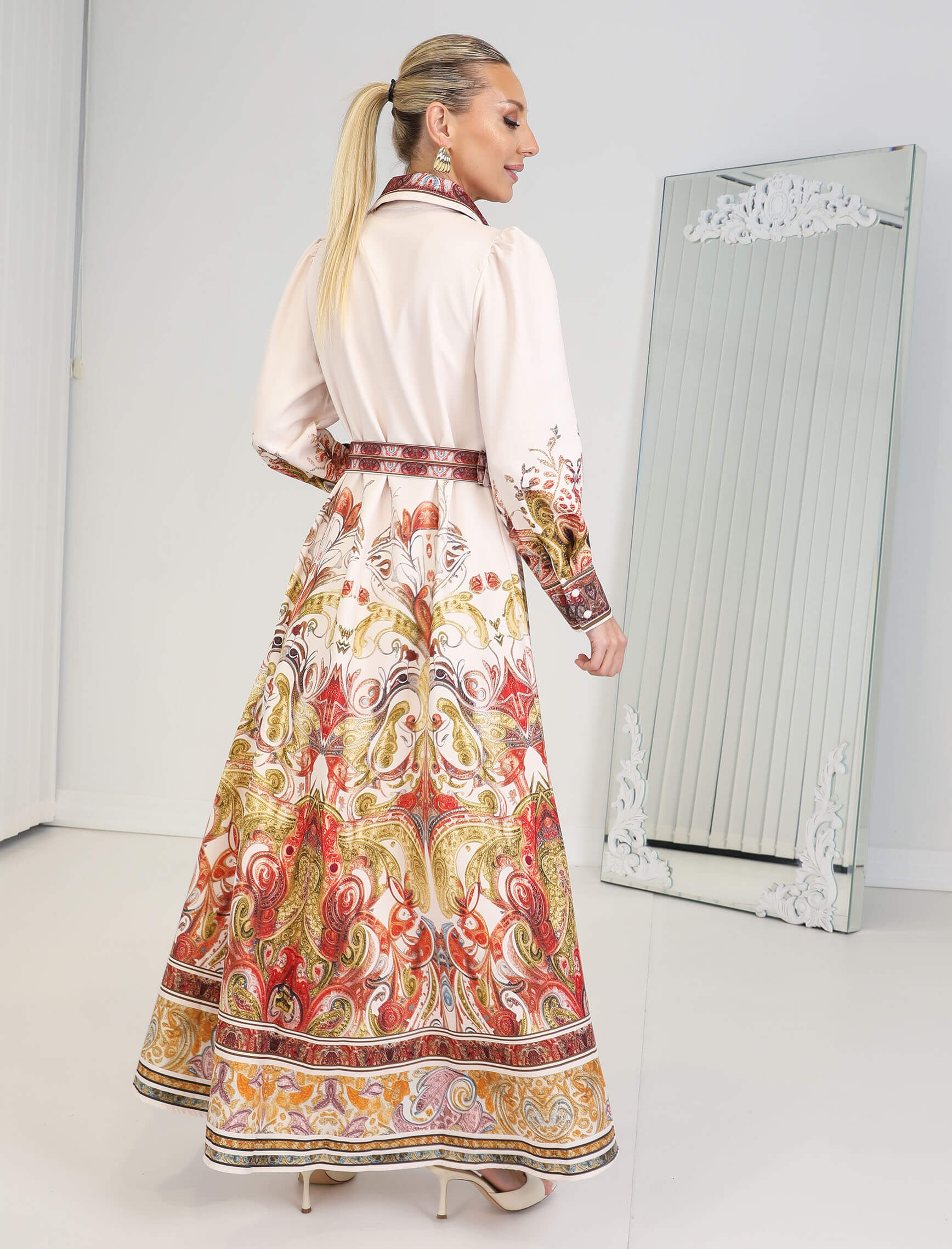 Bej Şal Desen Elbise - Görsel 4